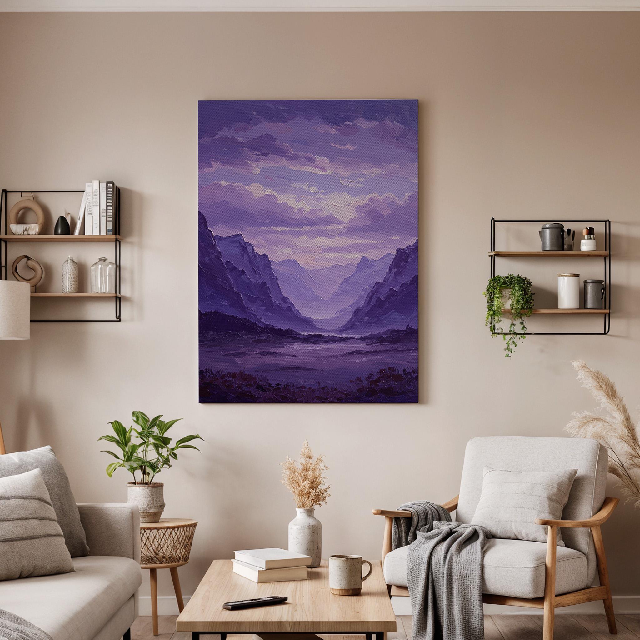 Purple Mountain Canvas Wall Art, Abstract Landscape Print, Framed Valley Artwork,Modern Minimal Nature Painting,Scenic Wall Decor for Office