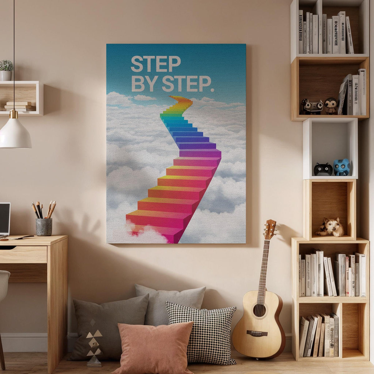 Step by Step Rainbow Cloud Canvas Wall Art Motivational Stairway Poster, Colorful Growth Mindset Print, Uplifting Teen Room Decor