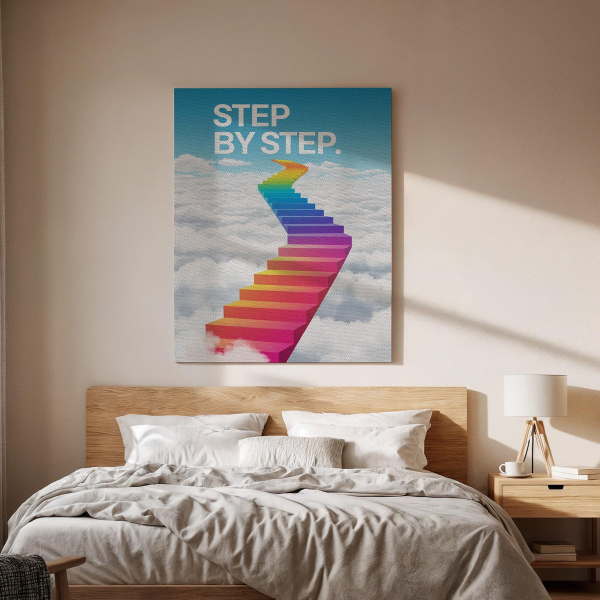 Step by Step Rainbow Cloud Canvas Wall Art Motivational Stairway Poster, Colorful Growth Mindset Print, Uplifting Teen Room Decor