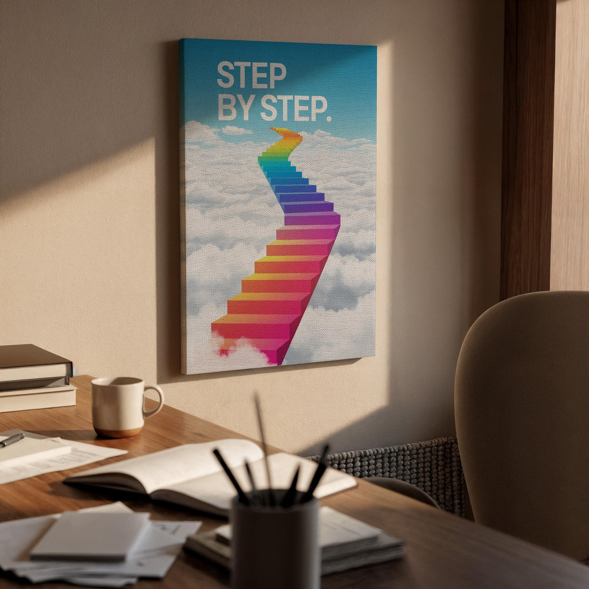 Step by Step Rainbow Cloud Canvas Wall Art Motivational Stairway Poster, Colorful Growth Mindset Print, Uplifting Teen Room Decor