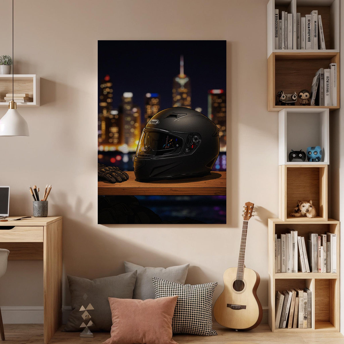 Motorcycle Helmet City Night Poster Urban Rider Wall Art, Cool Biker Canvas Print, Night Skyline Canvas Decor for Mens Room or Garage