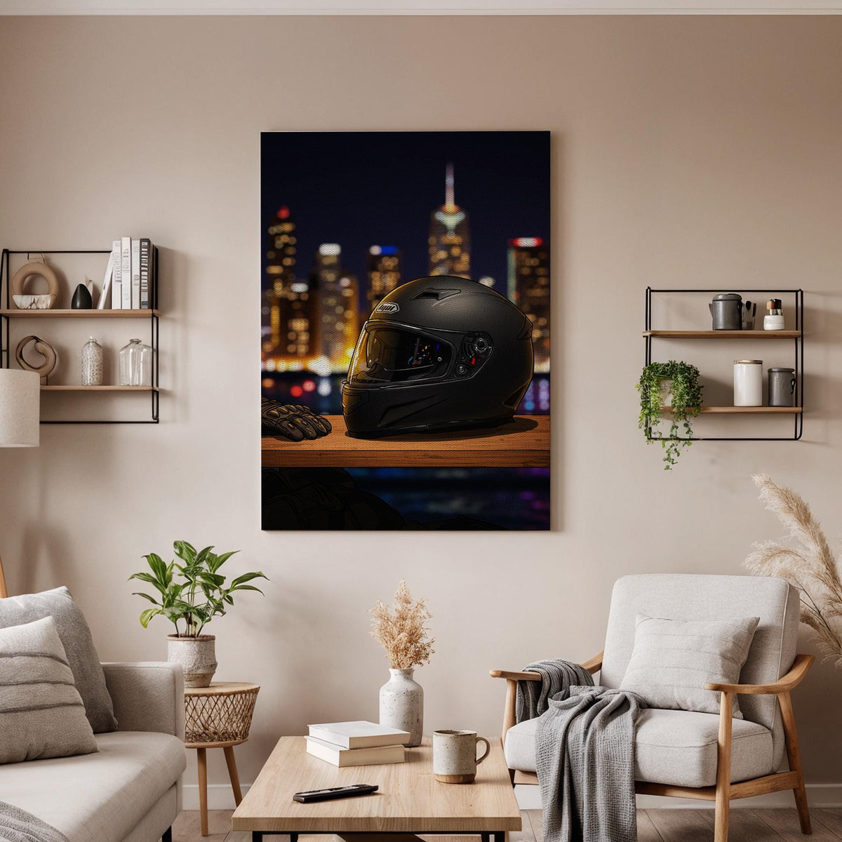 Motorcycle Helmet City Night Poster Urban Rider Wall Art, Cool Biker Canvas Print, Night Skyline Canvas Decor for Mens Room or Garage