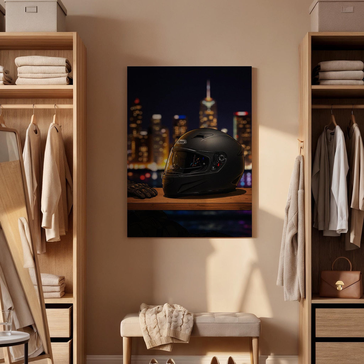 Motorcycle Helmet City Night Poster Urban Rider Wall Art, Cool Biker Canvas Print, Night Skyline Canvas Decor for Mens Room or Garage