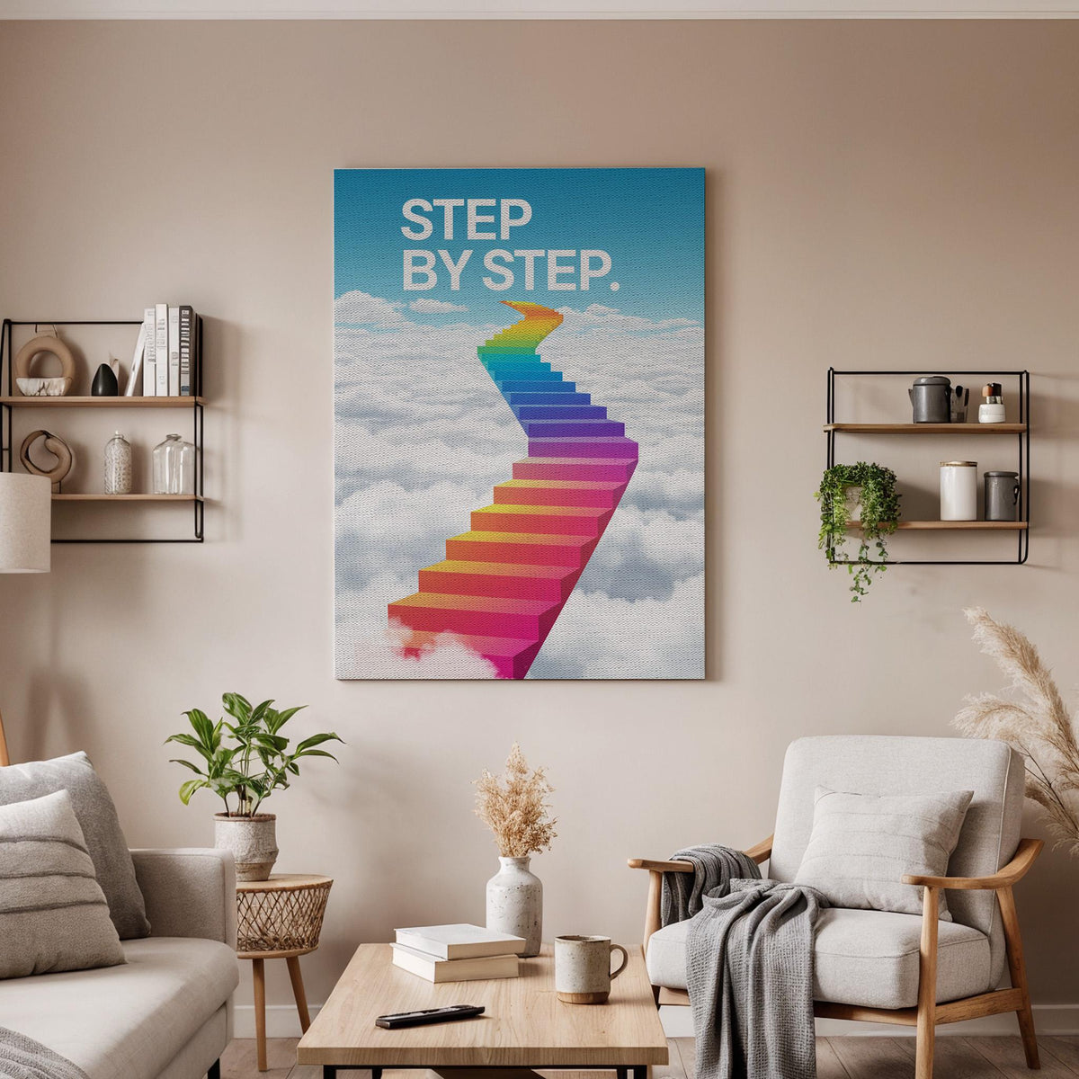 Step by Step Rainbow Cloud Canvas Wall Art Motivational Stairway Poster, Colorful Growth Mindset Print, Uplifting Teen Room Decor