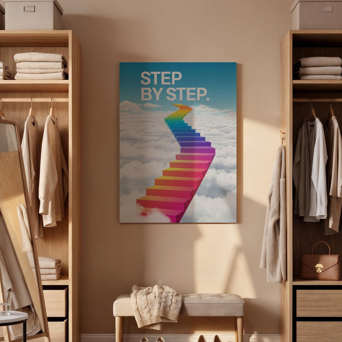 Step by Step Rainbow Cloud Canvas Wall Art Motivational Stairway Poster, Colorful Growth Mindset Print, Uplifting Teen Room Decor