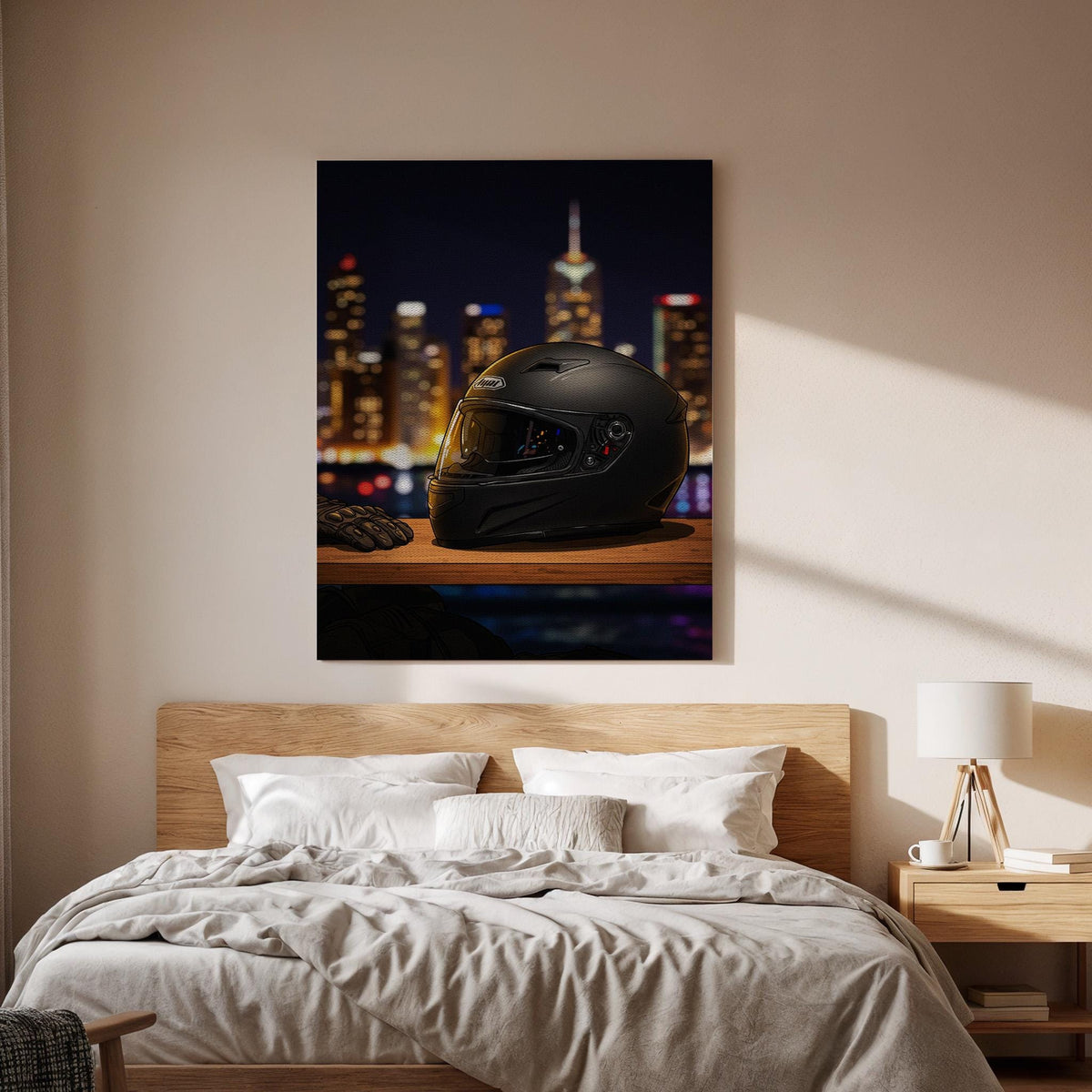 Motorcycle Helmet City Night Poster Urban Rider Wall Art, Cool Biker Canvas Print, Night Skyline Canvas Decor for Mens Room or Garage