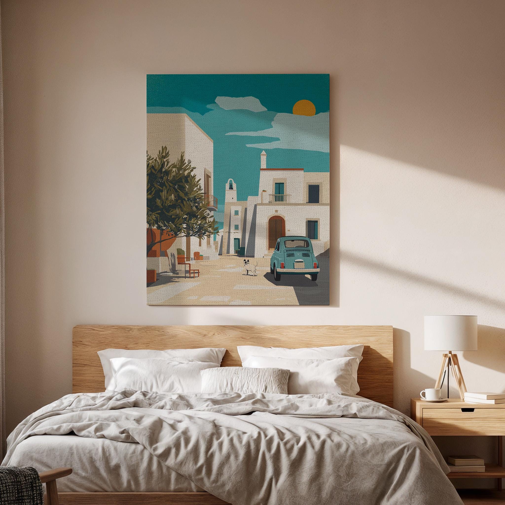 Mediterranean Village Canvas Wall Art Retro Car Summer Print Coastal Italy Greece Decor Gift for Travel Lovers and Modern Home Interiors