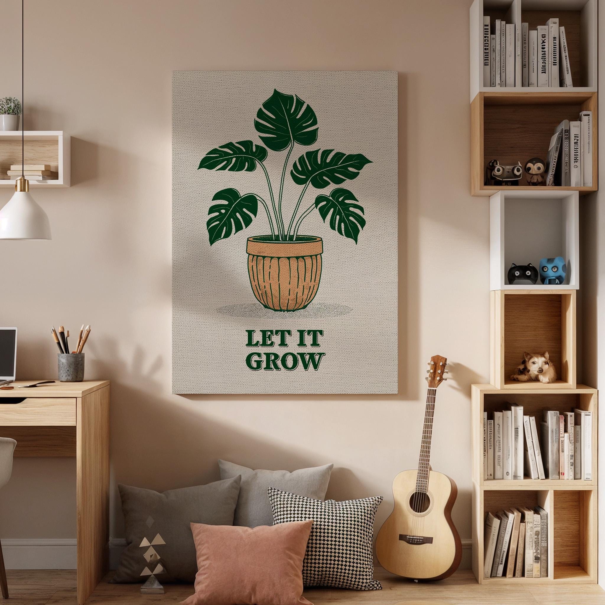 Botanical Plant Canvas Wall Art Let It Grow Greenery Poster, Minimalist Nature Quote Print, Modern Home Decor Gift for Plant Lovers