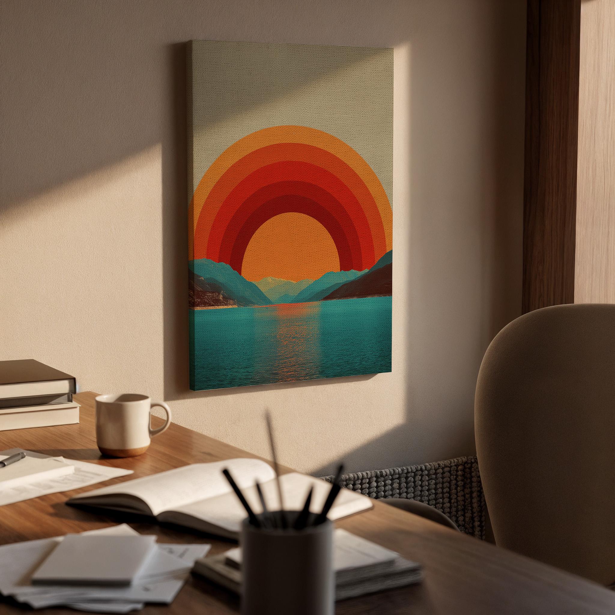 Retro Sunset Canvas Wall Art Geometric Landscape Poster, Bold Sun and Mountain Print, Modern Boho Minimalist Wall Decor Gift for Home
