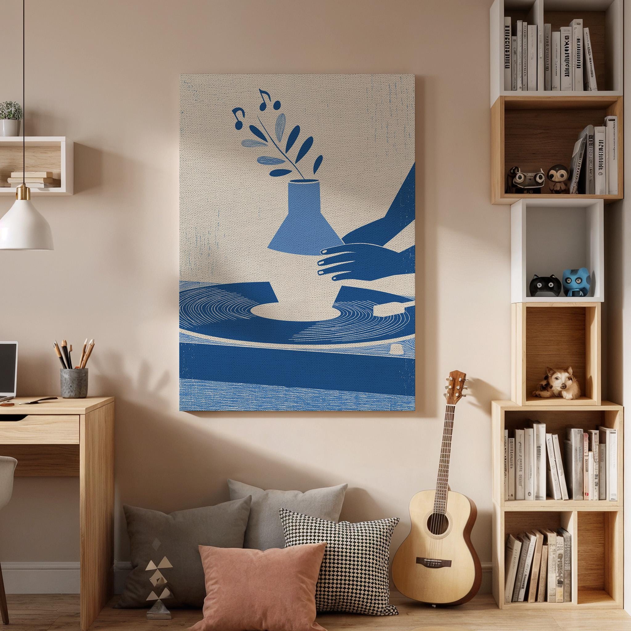 Modern Pottery Canvas Wall Art Abstract Hands Vase Print Minimal Blue Beige Poster Ceramic Studio Inspired Artwork Contemporary Home Decor
