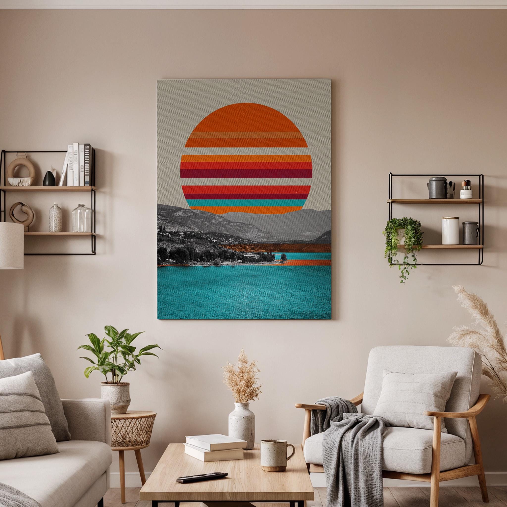 Retro Sunset Canvas Wall Art Abstract Landscape Poster with Ocean View Minimalist Striped Sun Print Modern Coastal Artwork for Home