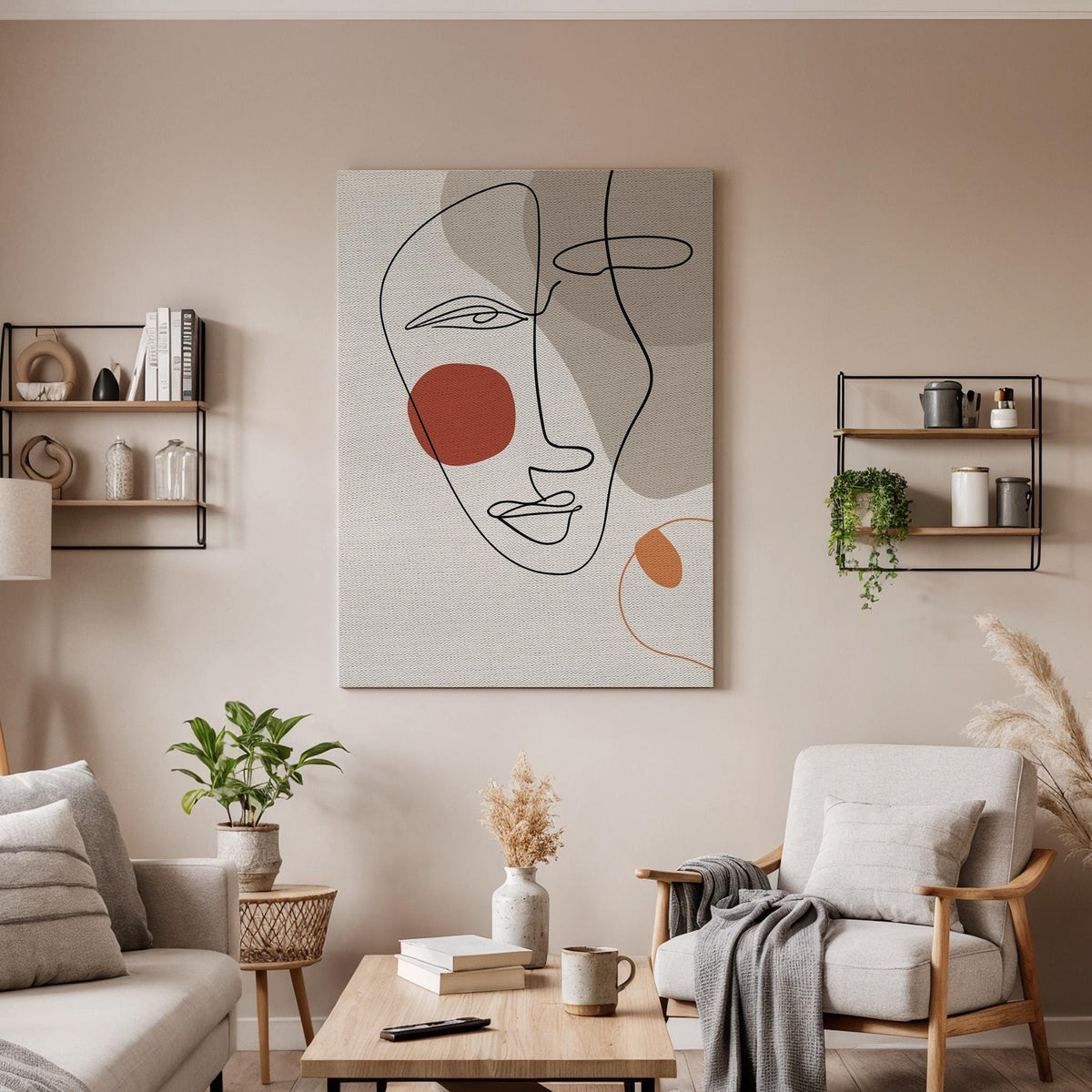 Abstract Line Face Canvas Wall Art Minimalist Modern One Line Drawing Print Neutral Boho Decor Gift for Living Room and Artistic Interiors
