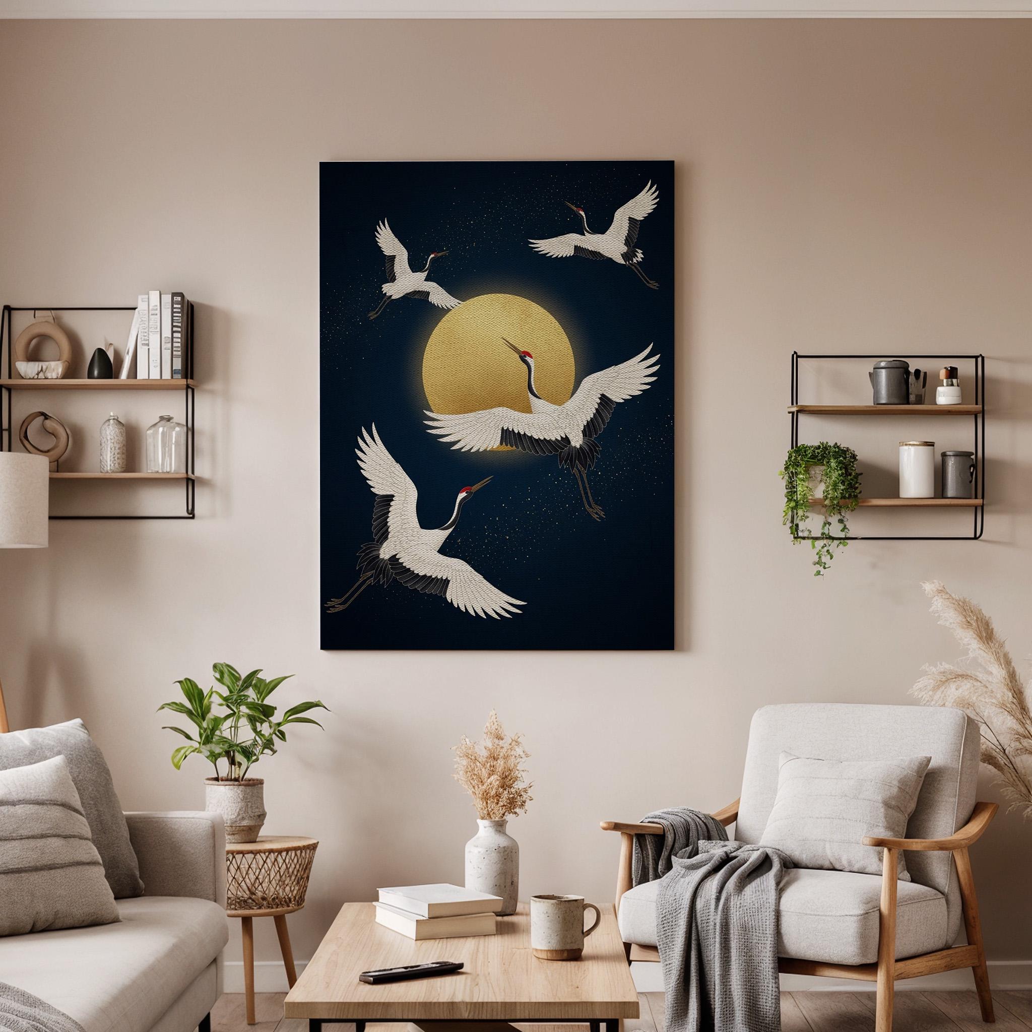 Flying Cranes Under Golden Moon Canvas Art, Framed Wall Decor, Japanese Inspired Night Scene, Elegant Canvas Artwork For Home Decor
