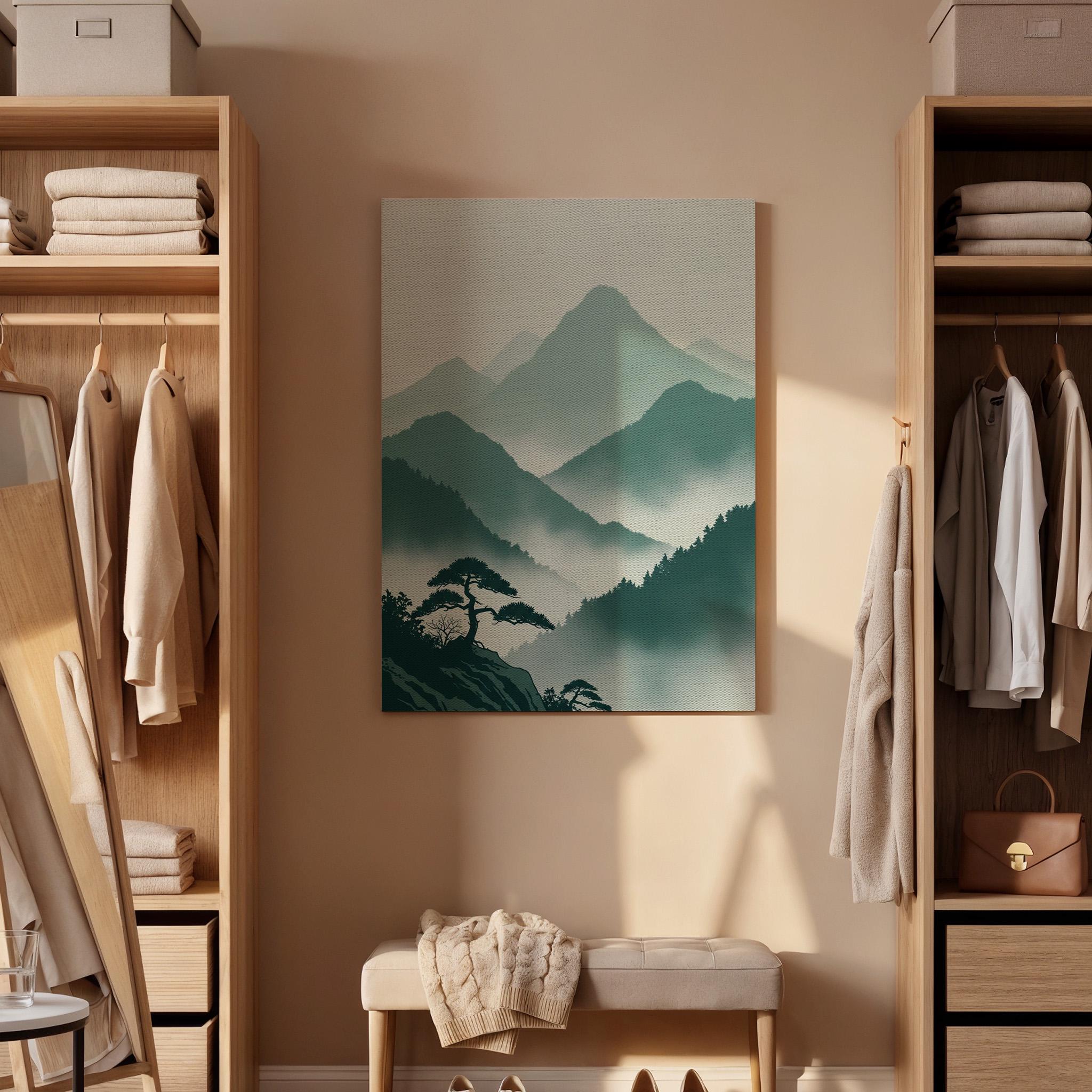 Misty Mountain Landscape Canvas Art, Framed Wall Decor, Japanese Inspired Illustration, Serene Nature Canvas Artwork, Minimal Home Decor