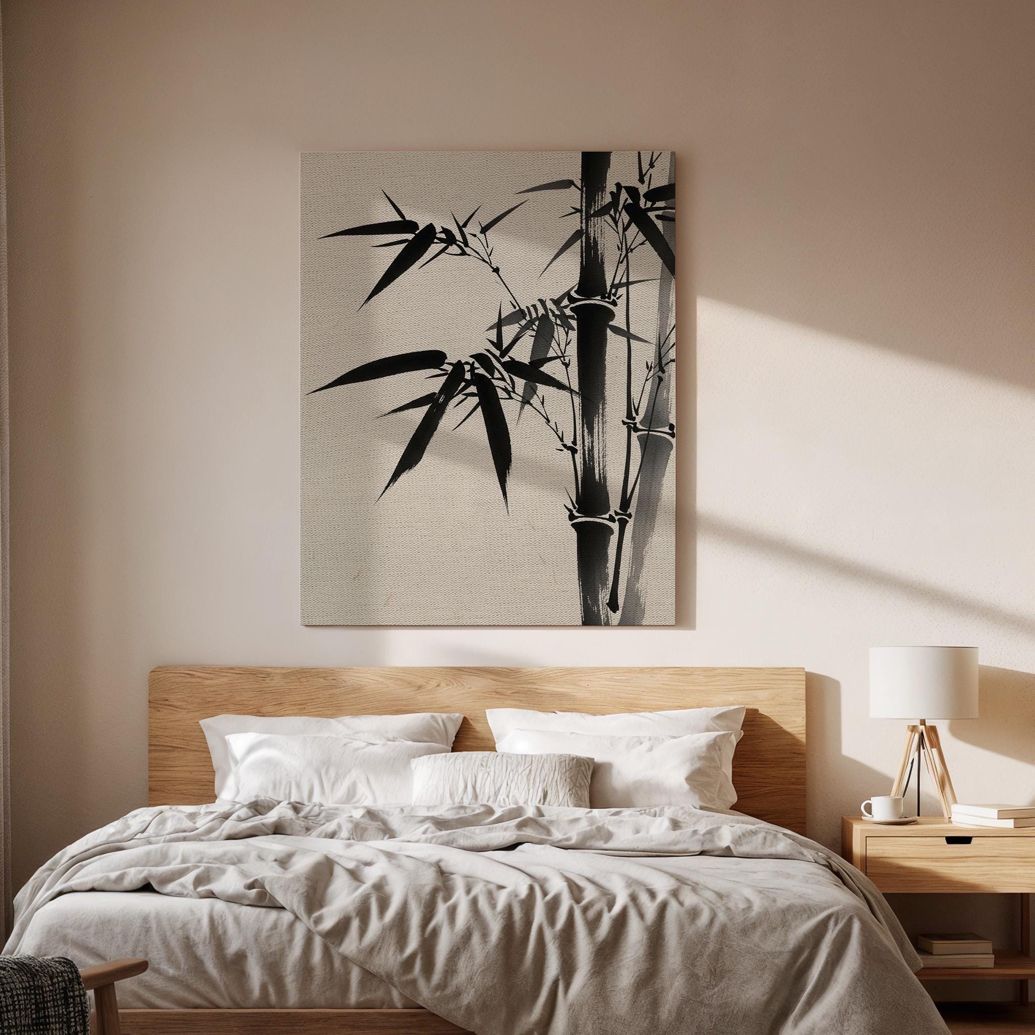Minimal Bamboo Ink Canvas Art, Framed Wall Decor, Japanese Zen Illustration, Black And White Bamboo Canvas Artwork, Serene Home Wall Art