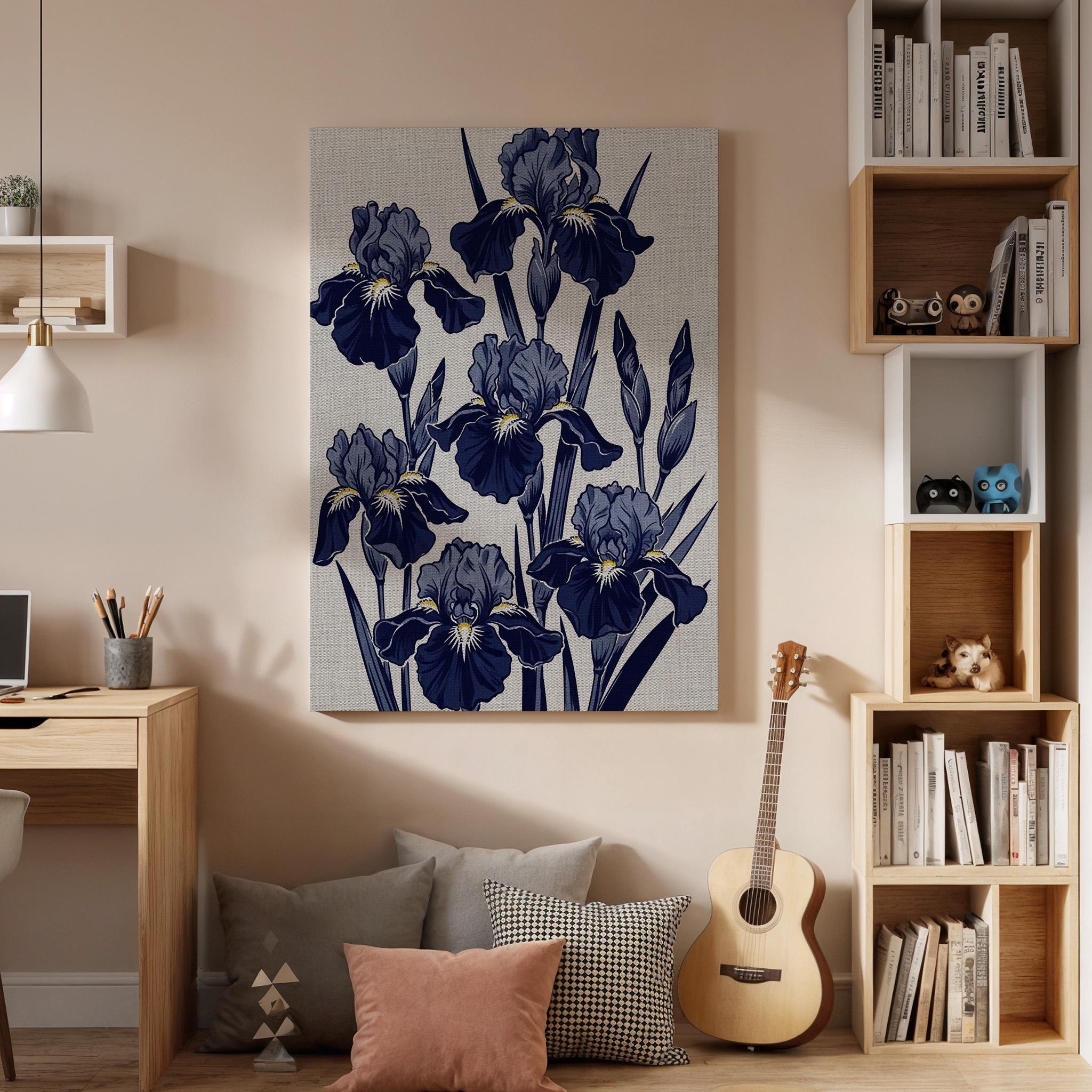 Elegant Iris Floral Canvas Art, Framed Wall Decor, Japanese Botanical Illustration, Blue Flower Canvas Artwork, Serene Home Wall Art