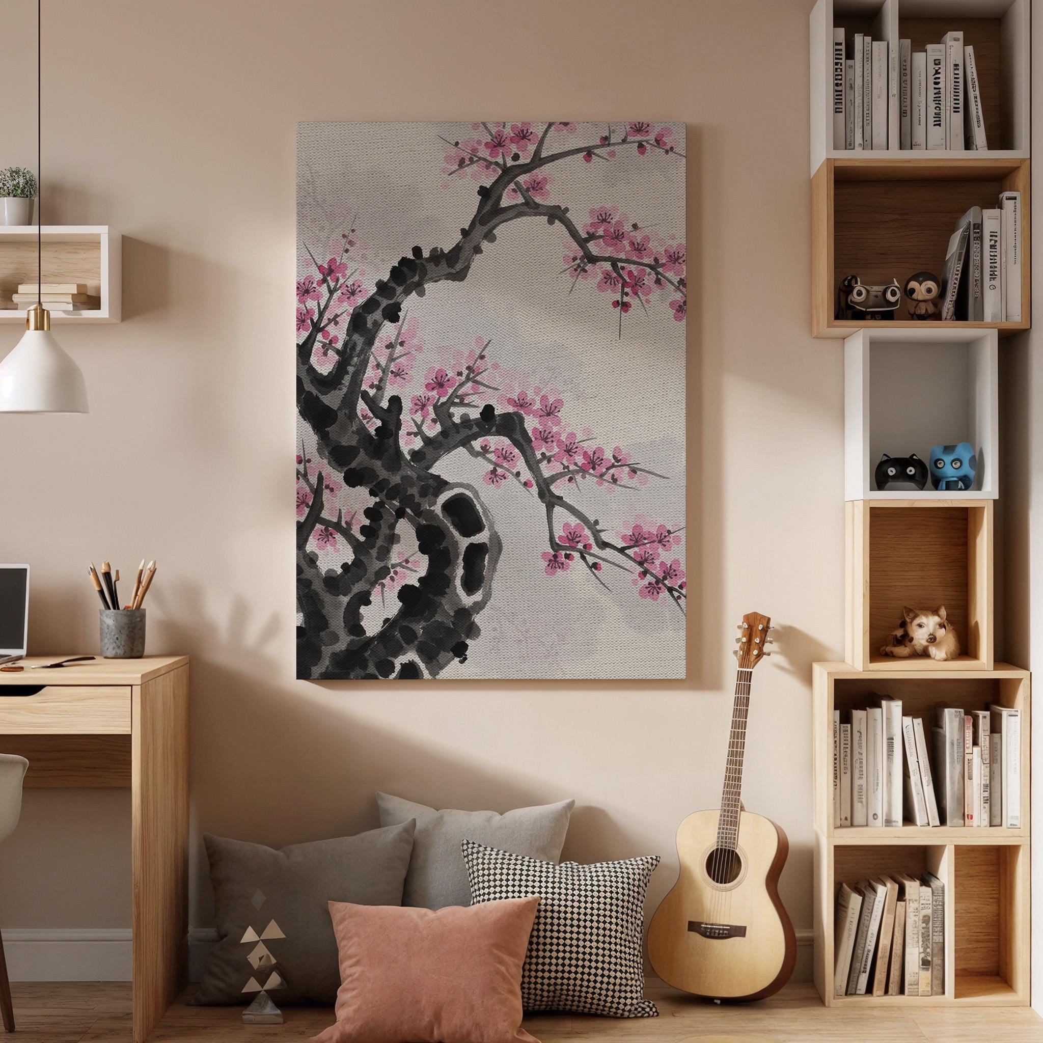 Cherry Blossom Branch Canvas Art, Framed Wall Decor, Japanese Ink Illustration, Minimalist Floral Canvas Artwork, Serene Home Wall Art