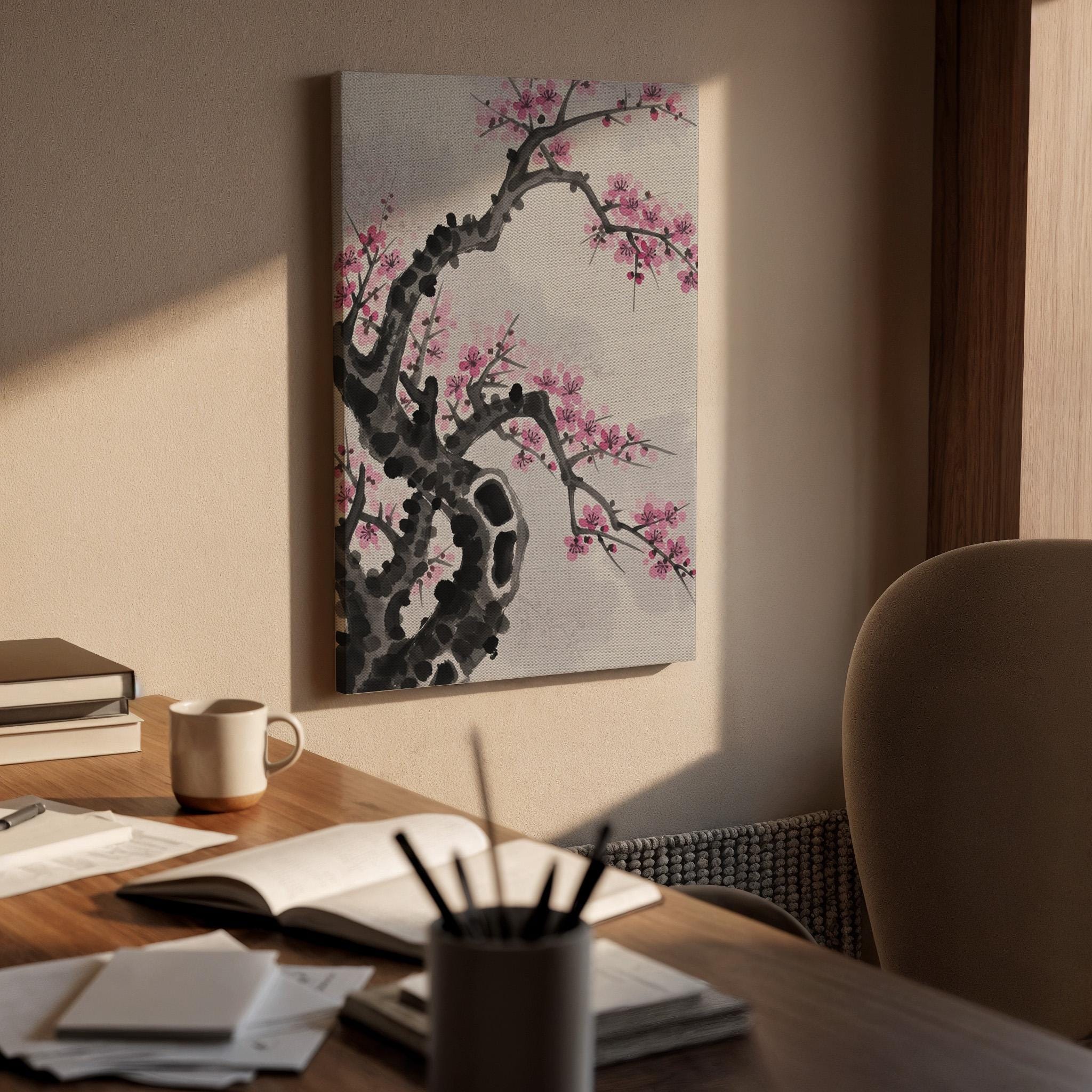 Cherry Blossom Branch Canvas Art, Framed Wall Decor, Japanese Ink Illustration, Minimalist Floral Canvas Artwork, Serene Home Wall Art