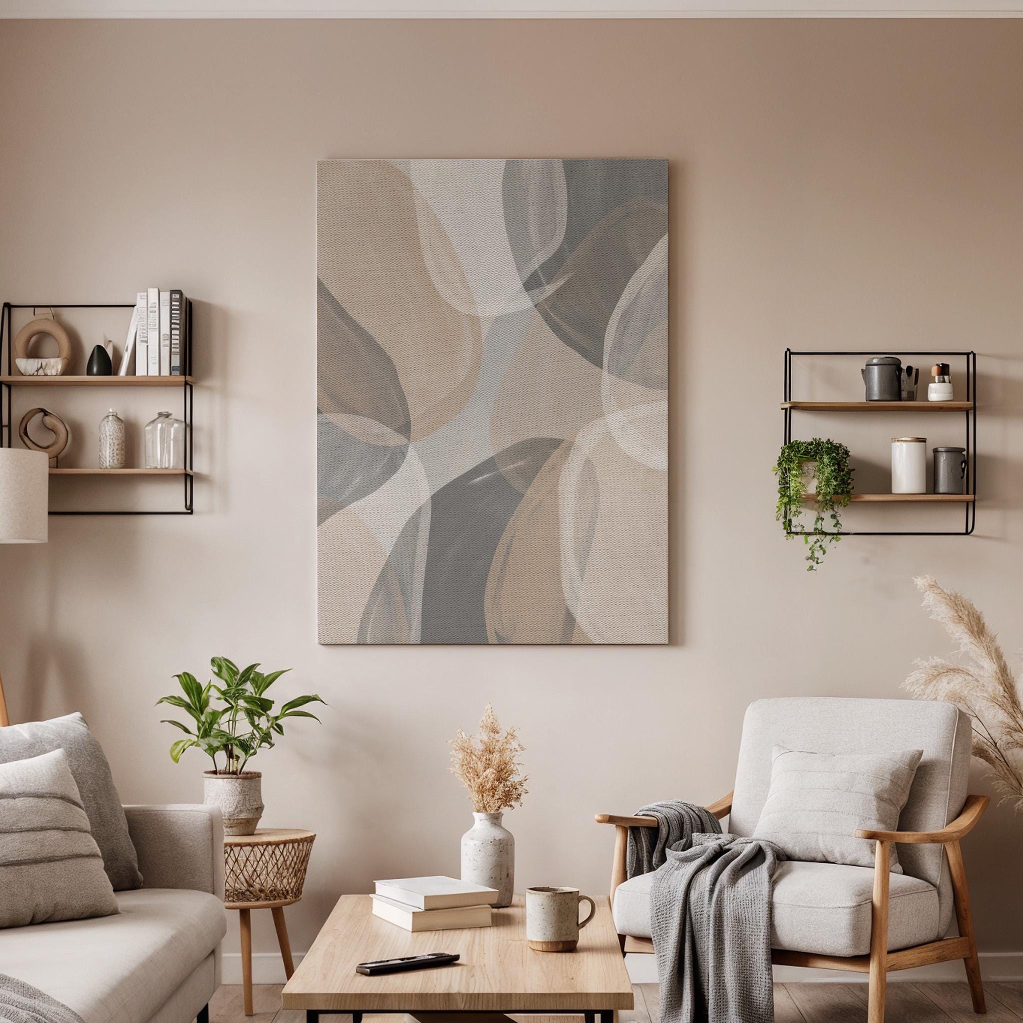 Soft Layered Canvas Art, Neutral Flow Wall Decor, Calm Modern Bedroom Style, Airy Interior Design, Gentle Shape Composition, Framed Canvas