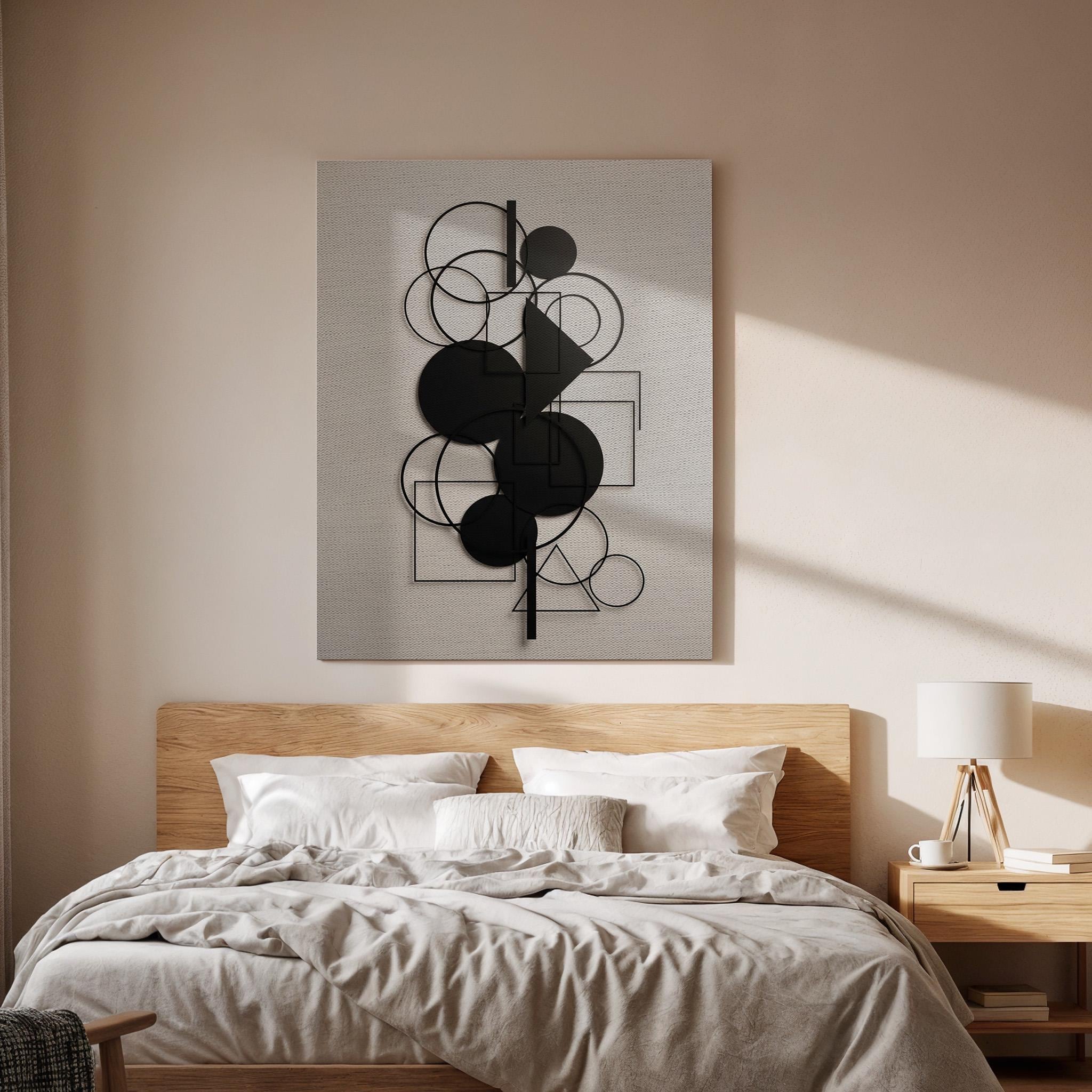 Geometric Canvas Art, Black Shape Wall Decor, Modern Minimal Design, Structured Interior Style, Contemporary Balance Look, Framed Canvas