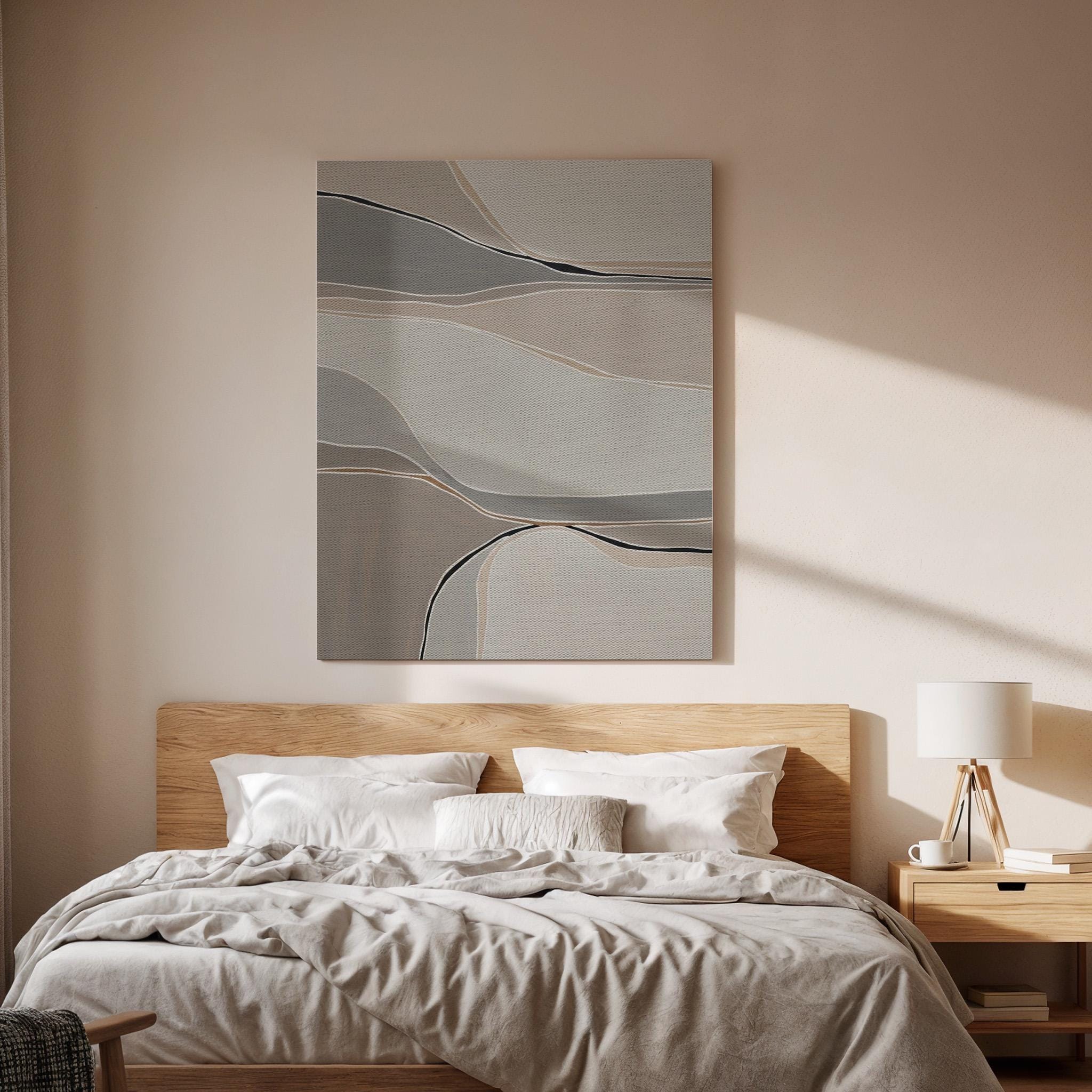 Soft Neutral Canvas Art, Flowing Line Wall Decor, Calm Abstract Bedroom Design, Minimal Modern Interior Style, Elegant Framed Canvas