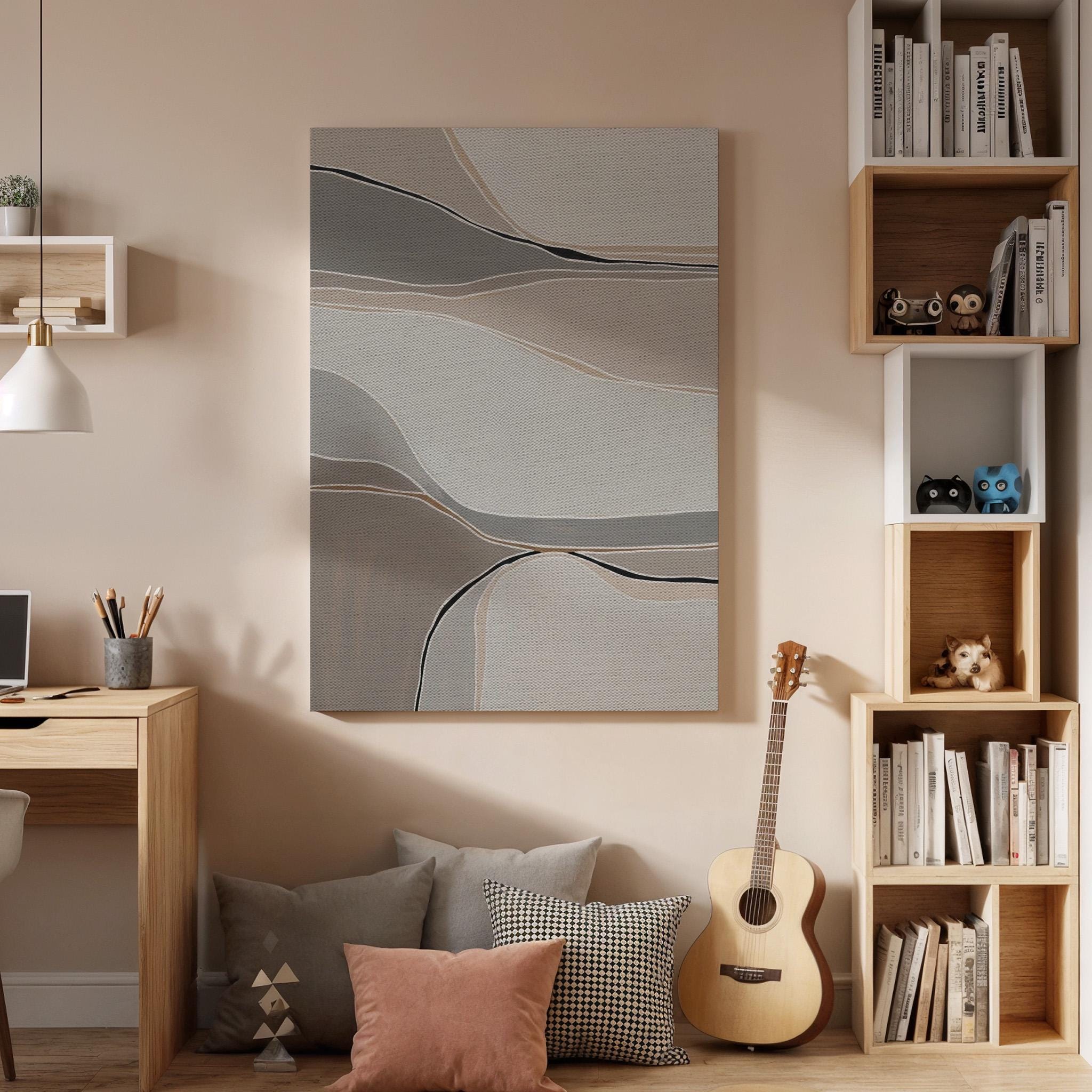 Soft Neutral Canvas Art, Flowing Line Wall Decor, Calm Abstract Bedroom Design, Minimal Modern Interior Style, Elegant Framed Canvas