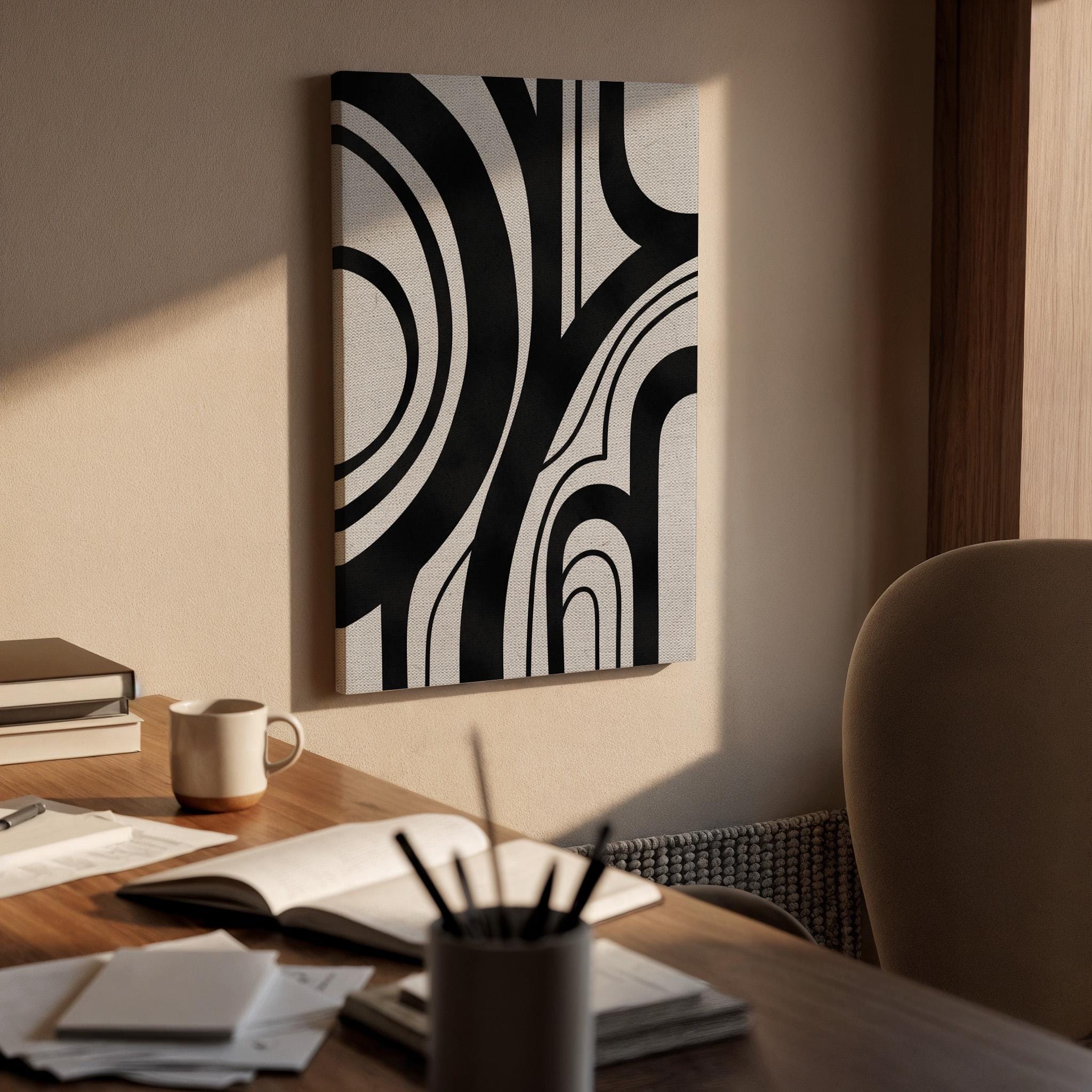 Black White Canvas Art, Curved Line Wall Decor, Modern Abstract Bedroom Design, Graphic Minimal Interior Style, Framed Canvas, New Home Gift