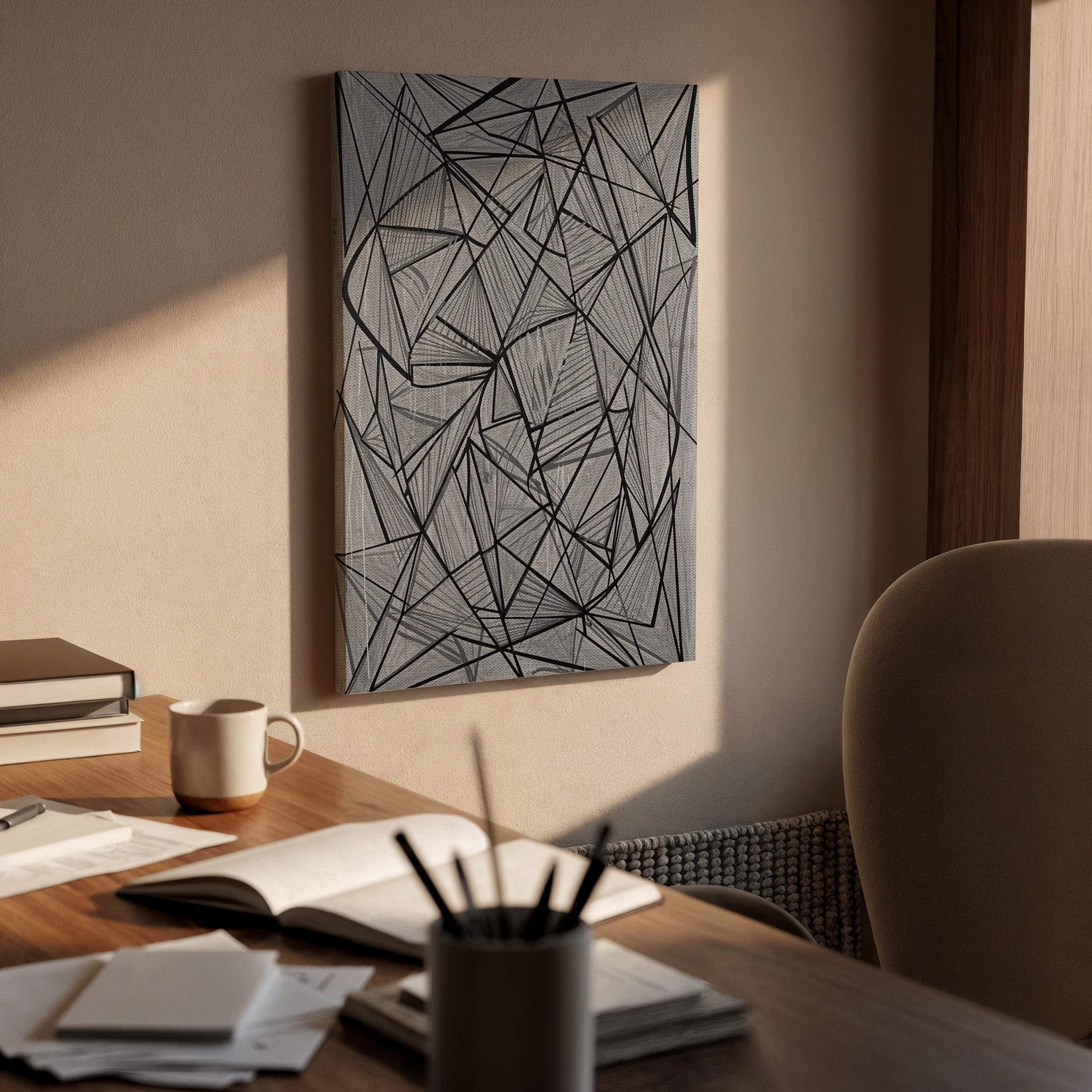 Geometric Line Canvas Art, Abstract Linear Wall Decor, Modern Monochrome Bedroom Design, Graphic Contemporary Interior Style, Framed Canvas