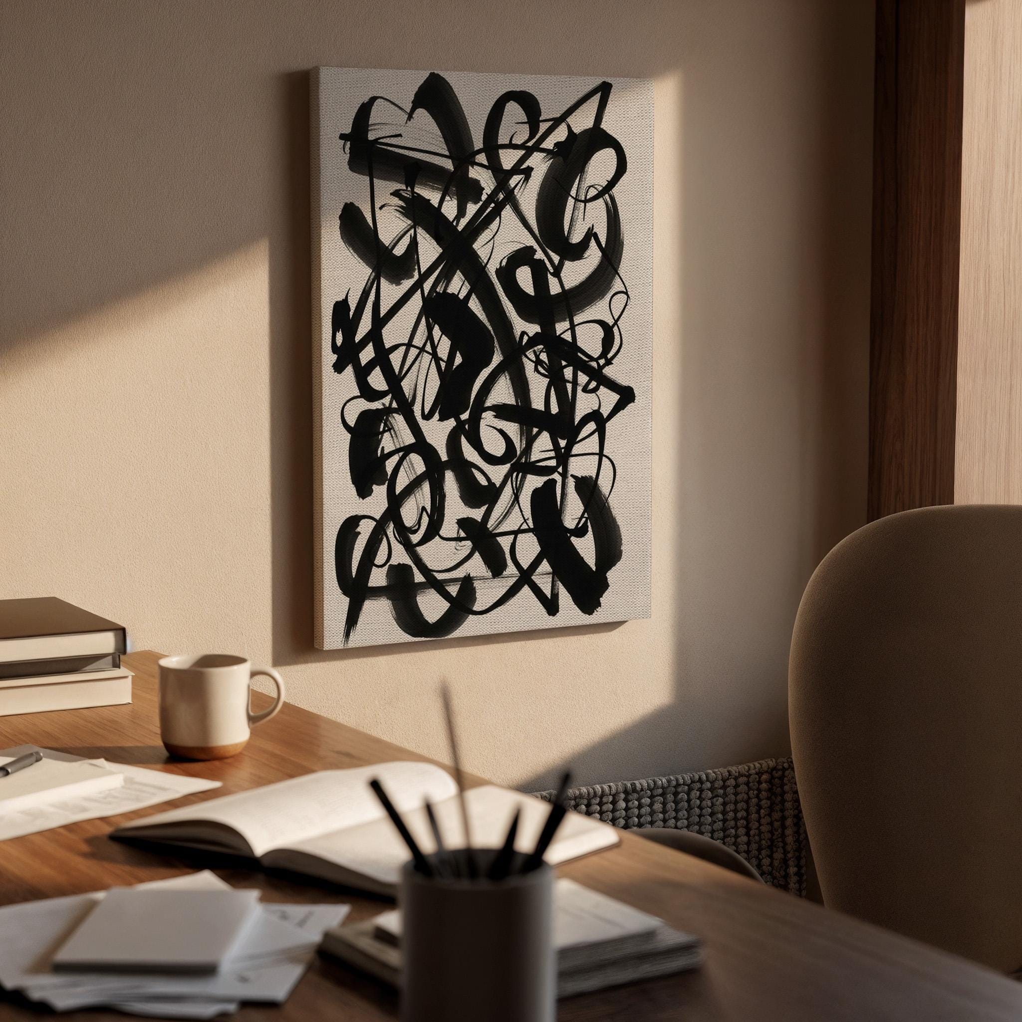 Black Abstract Calligraphy Canvas Art, Expressive Line Wall Decor, Modern Living Room Style, Bold Monochrome Design, Large Framed Canvas