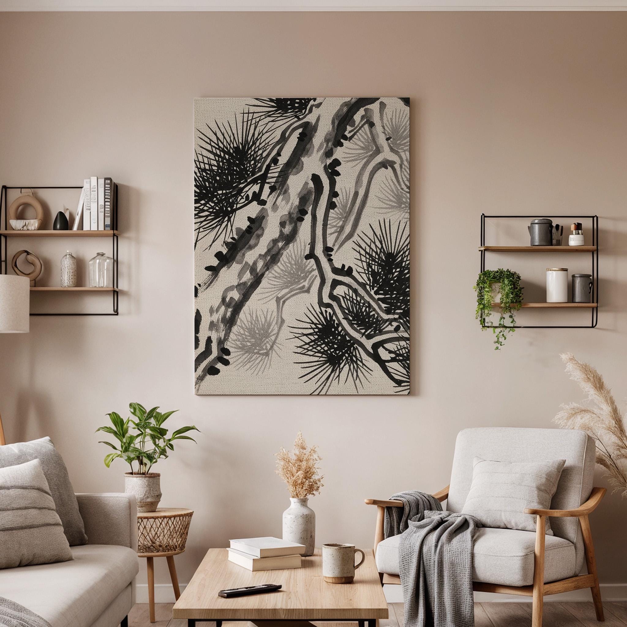 Japanese Ink Pine Tree Canvas Art, Minimal Oriental Nature Illustration, Zen Style Wall Decor, Calm Asian Aesthetic, Framed Canvas Artwork
