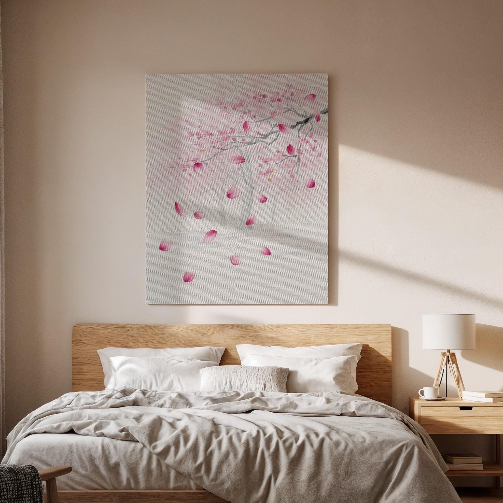 Japanese Cherry Blossom Tree Canvas Art, Soft Pink Sakura Petals Illustration, Minimal Zen Floral Wall Decor, Framed Oriental Artwork