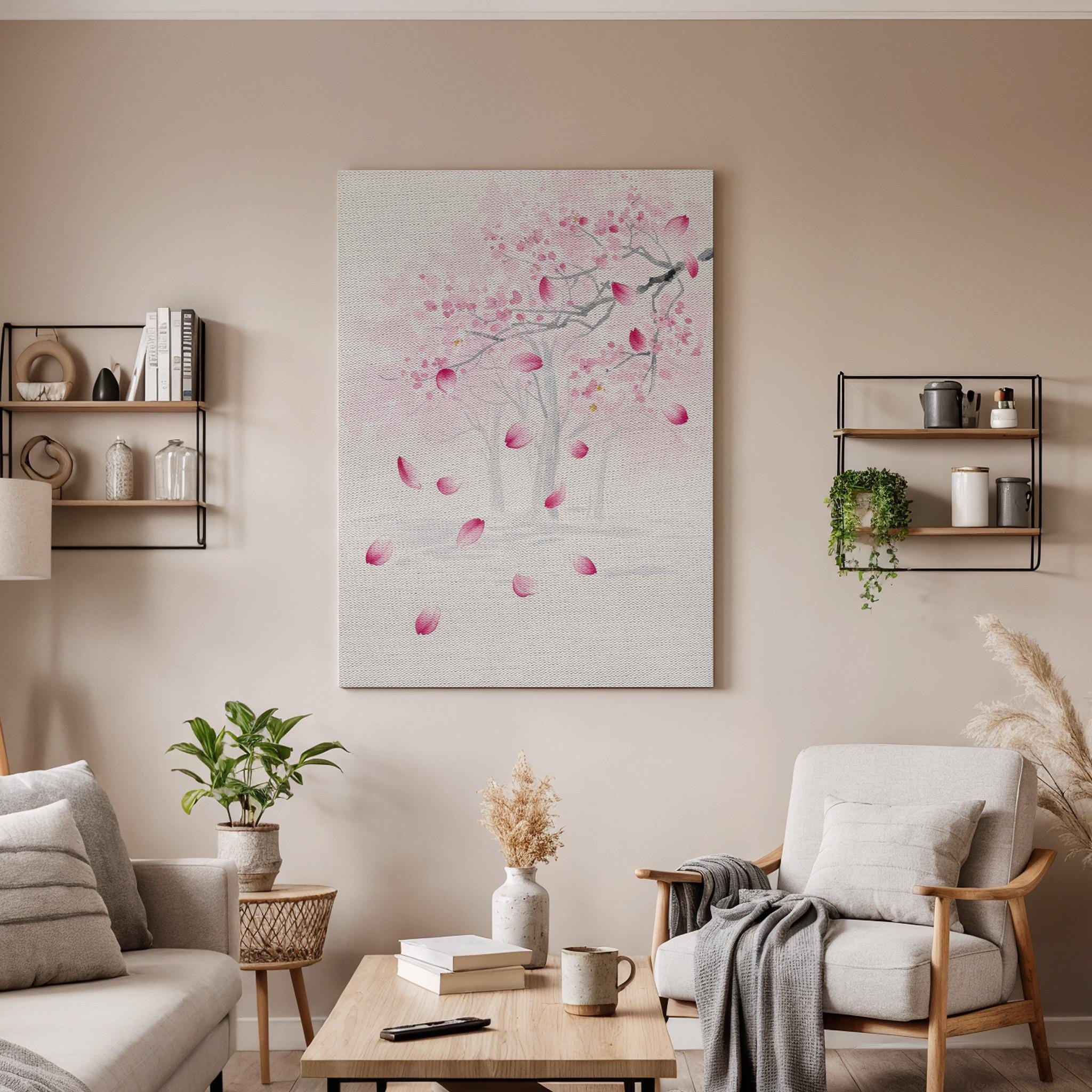 Japanese Cherry Blossom Tree Canvas Art, Soft Pink Sakura Petals Illustration, Minimal Zen Floral Wall Decor, Framed Oriental Artwork