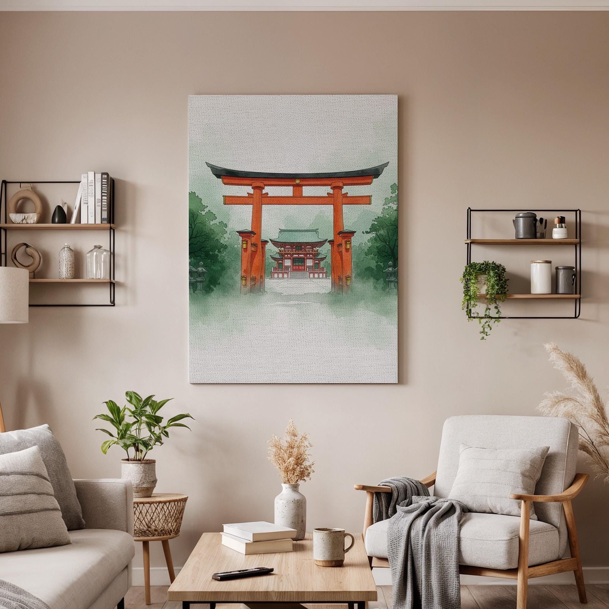 Japanese Torii Gate Temple Canvas Art, Misty Shinto Shrine Illustration, Traditional Zen Landscape Wall Decor, Framed Oriental Artwork