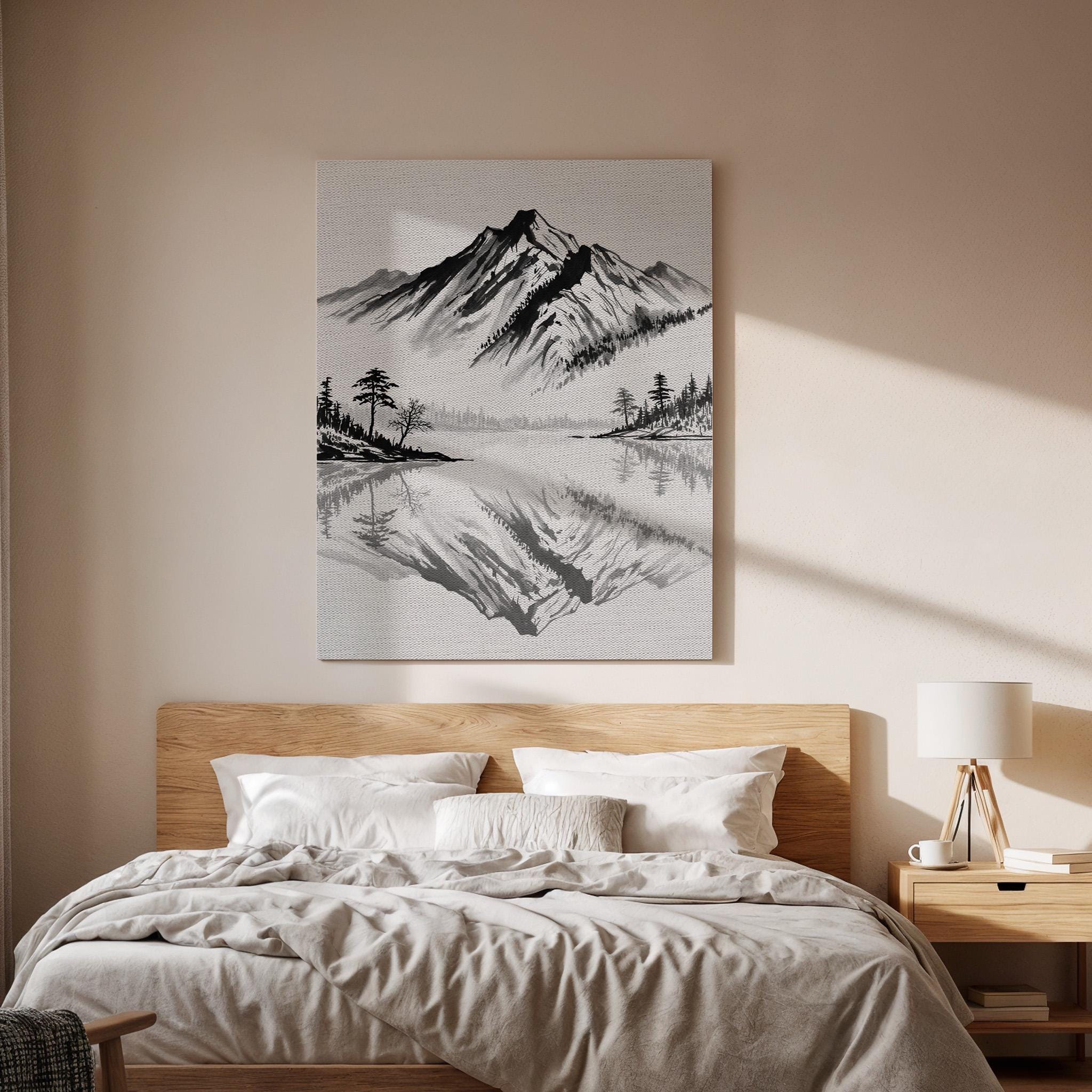 Japanese Mountain Lake Canvas Art, Ink Style Landscape Illustration, Zen Nature Wall Decor, Framed Oriental Mountain Artwork, New Home Gift