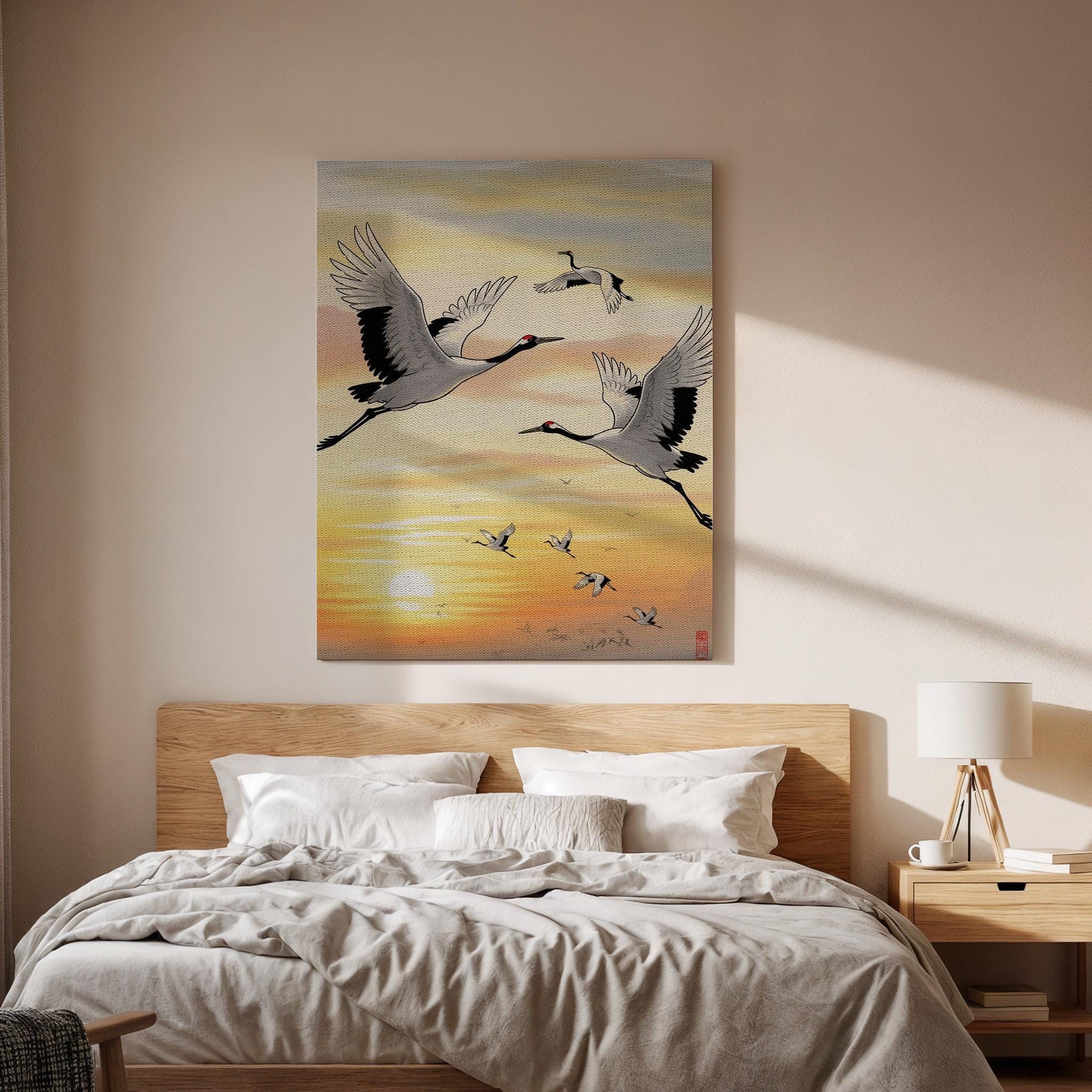 Japanese Crane Sunrise Canvas Art, Flying Cranes Over Golden Sky Illustration, Oriental Nature Wall Decor, Framed Zen Wildlife Artwork