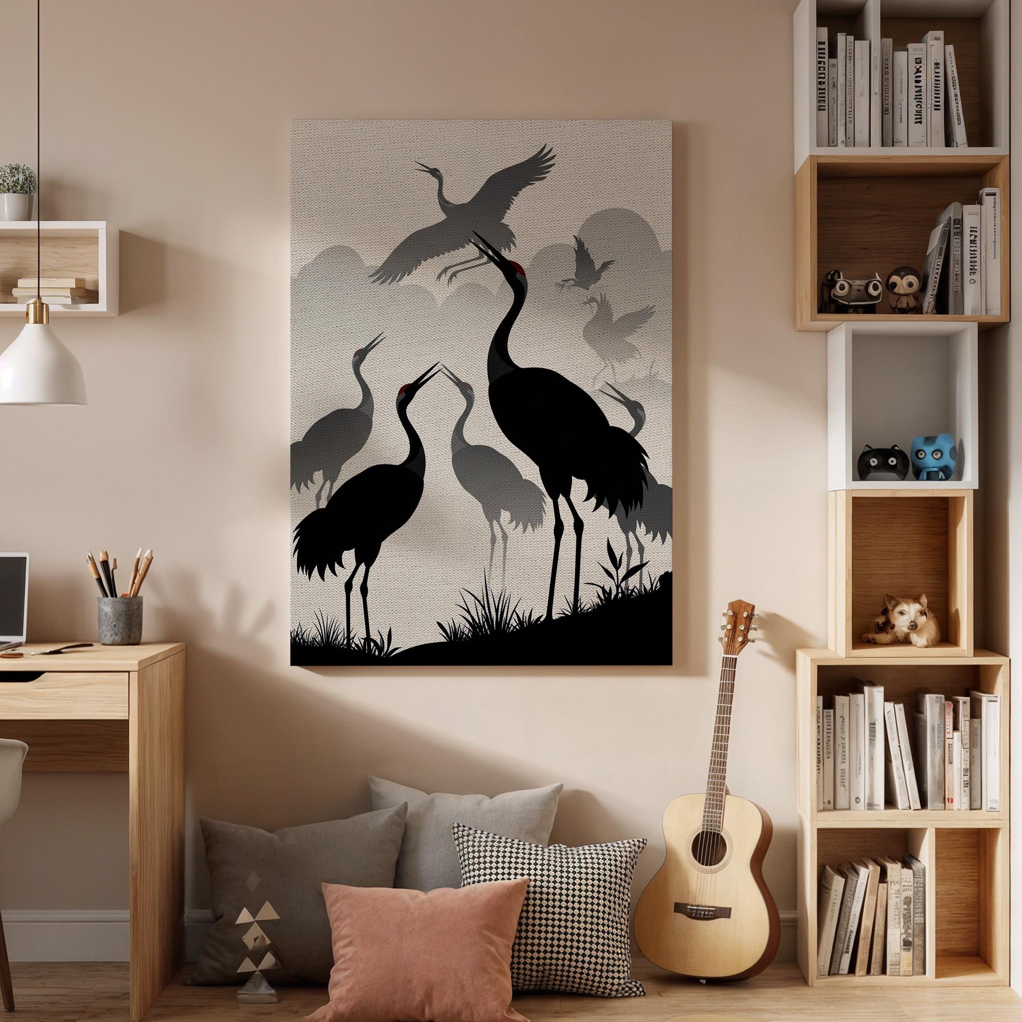 Japanese Crane Silhouette Canvas Art, Framed Oriental Bird Scene with Flying Cranes and Misty Background, Zen Inspired Wall Decor, Home Gift