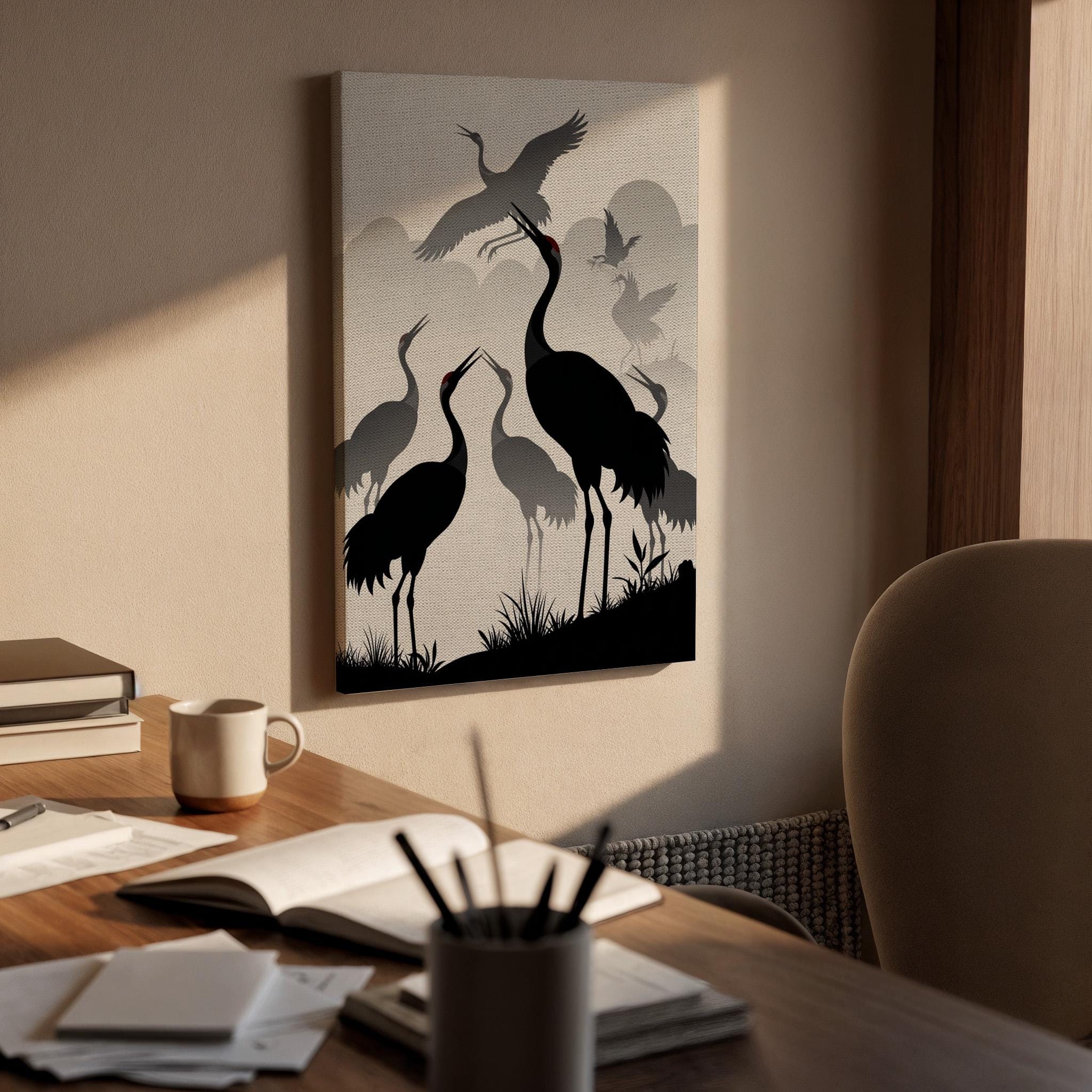 Japanese Crane Silhouette Canvas Art, Framed Oriental Bird Scene with Flying Cranes and Misty Background, Zen Inspired Wall Decor, Home Gift