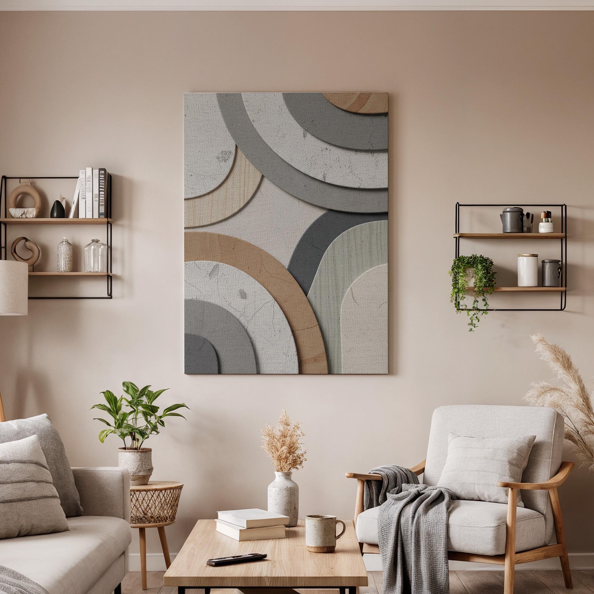 Abstract Geometric Arc Canvas Art, Framed Modern Neutral Wall Decor with Layered Curves, Minimalist Beige and Gray Contemporary Artwork