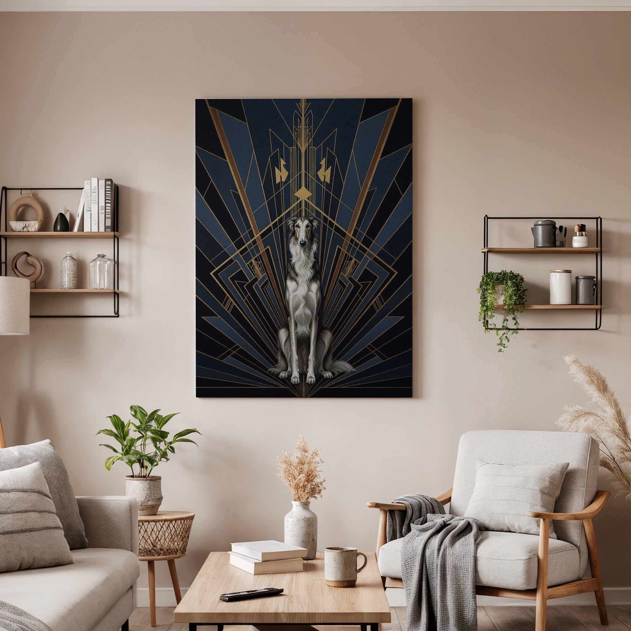 Art Deco Dog Canvas Art, Framed Luxury Animal Wall Decor with Gold Geometric Lines, Elegant Dark Blue and Black Modern Statement Artwork