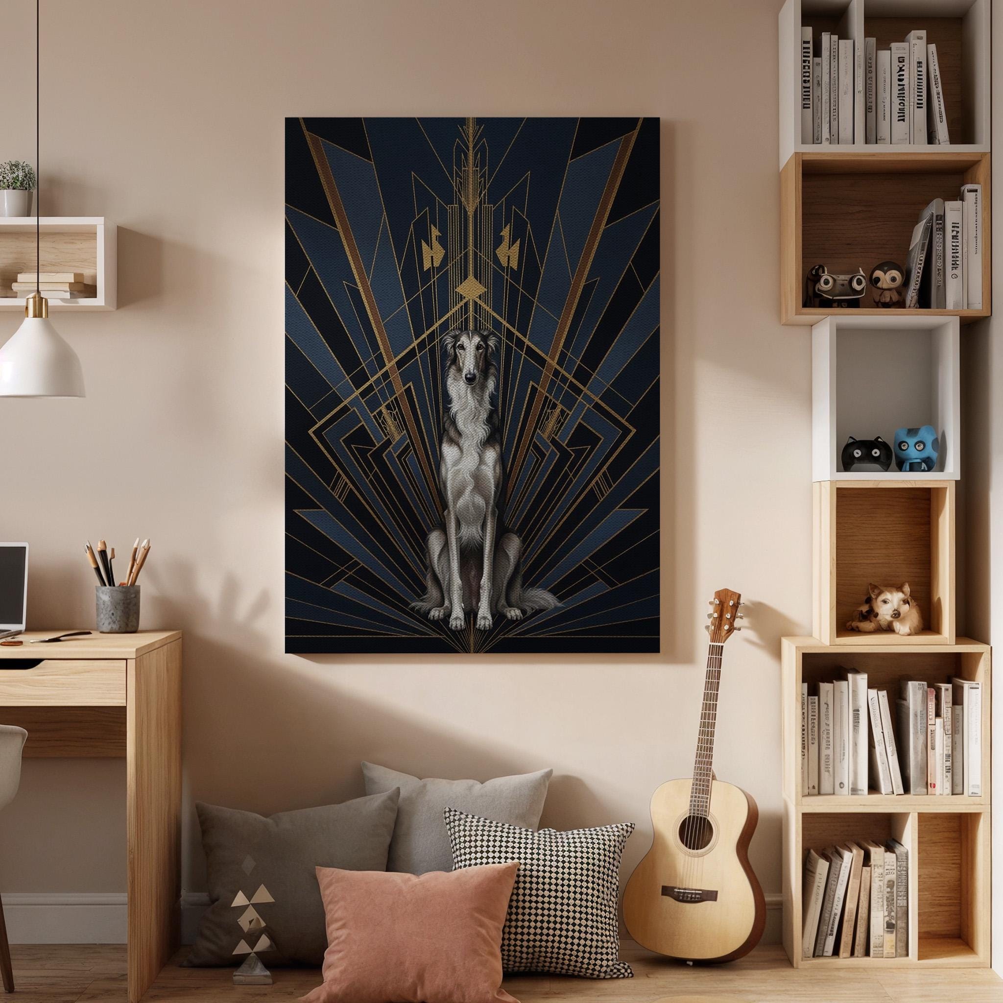 Art Deco Dog Canvas Art, Framed Luxury Animal Wall Decor with Gold Geometric Lines, Elegant Dark Blue and Black Modern Statement Artwork