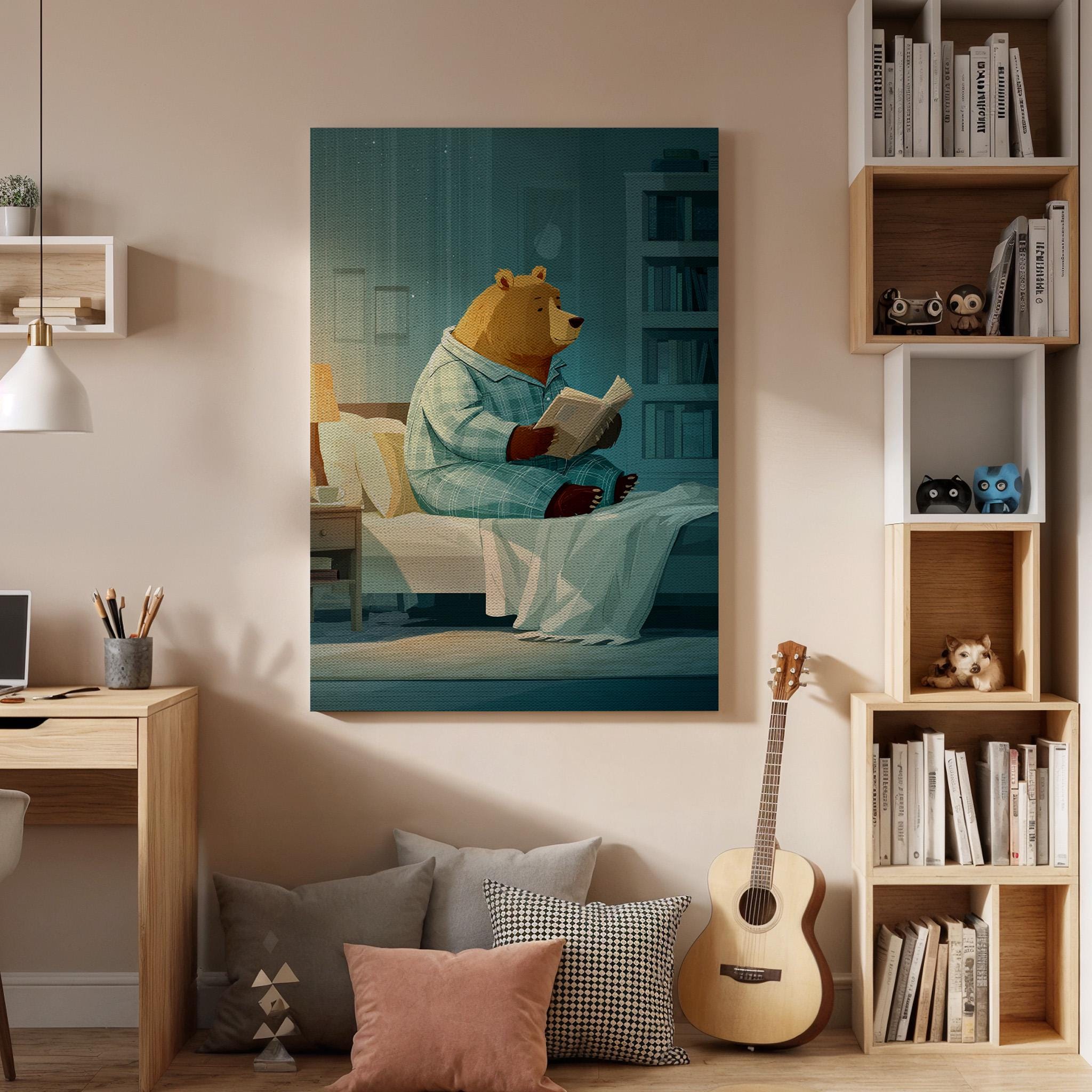 Framed Cozy Bear Reading Canvas Art, Whimsical Animal Illustration, Cute Nighttime Story Wall Decor for Bedroom and Nursery, New Home Decor