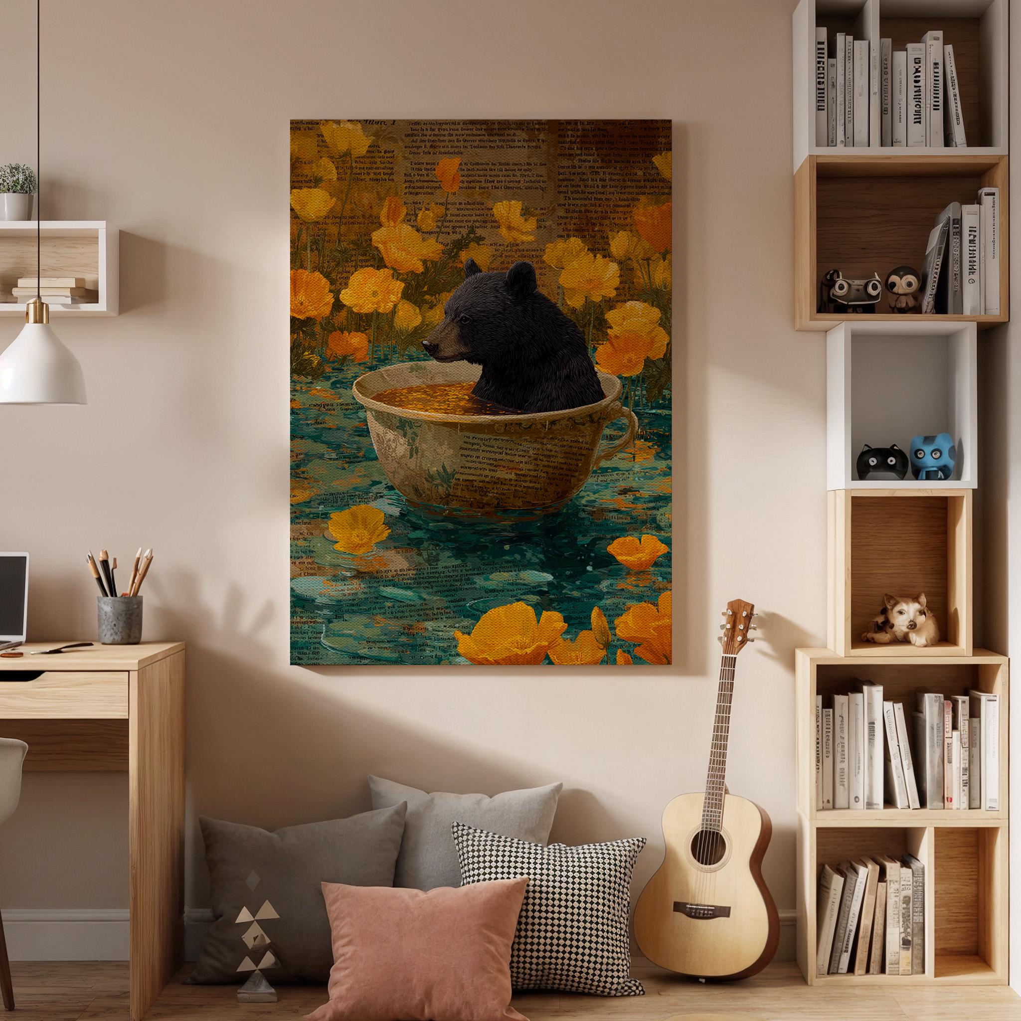 Whimsical Bear in Teacup Canvas Art, Framed Storybook Animal Illustration with Yellow Flowers, Cozy Fantasy Wall Decor for Nursery