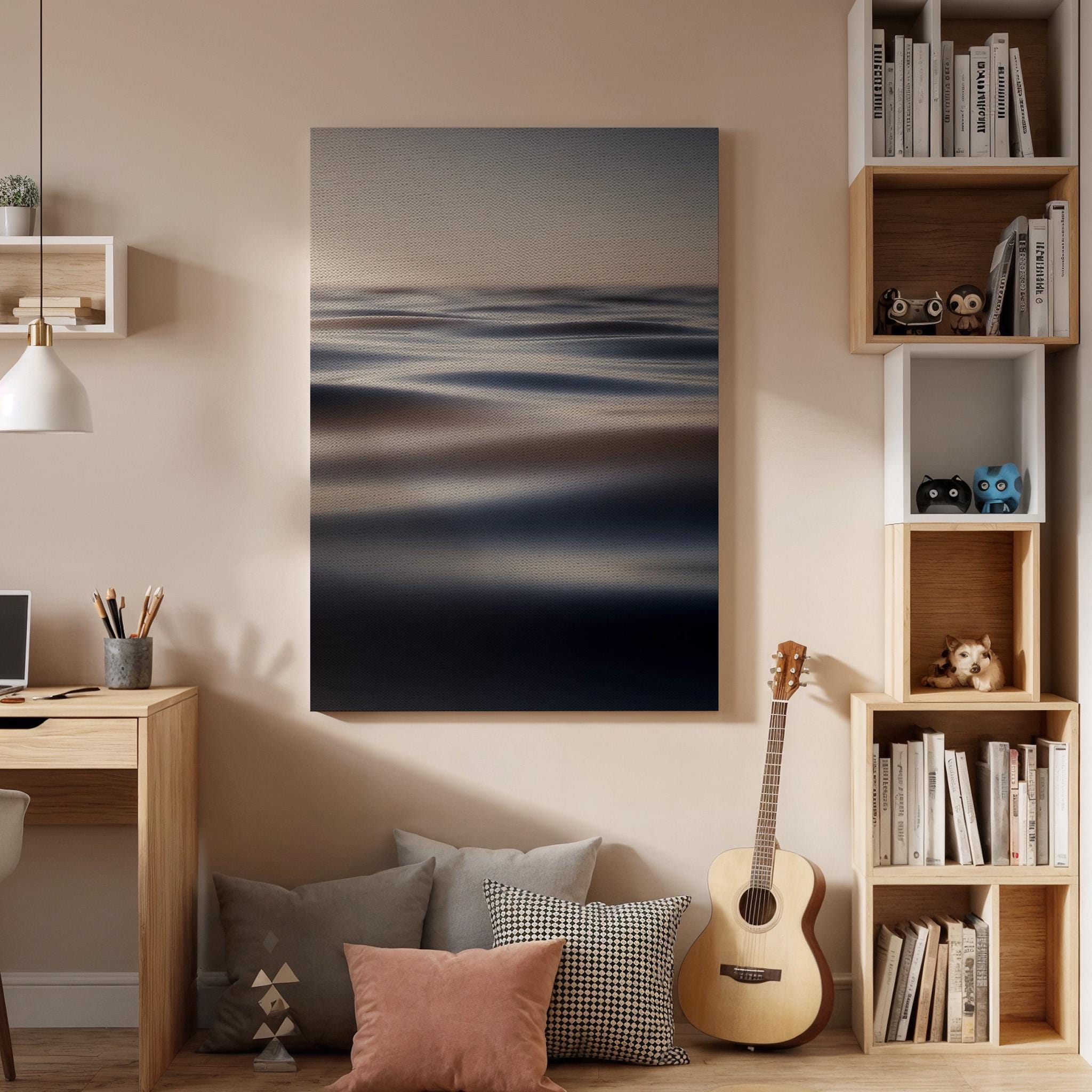 Soft Horizon Canvas, Calm Ocean View, Minimal Seascape Art, Framed Wall Decor, Blue Gray Tones, Modern Bedroom Canvas, Soft Lighting