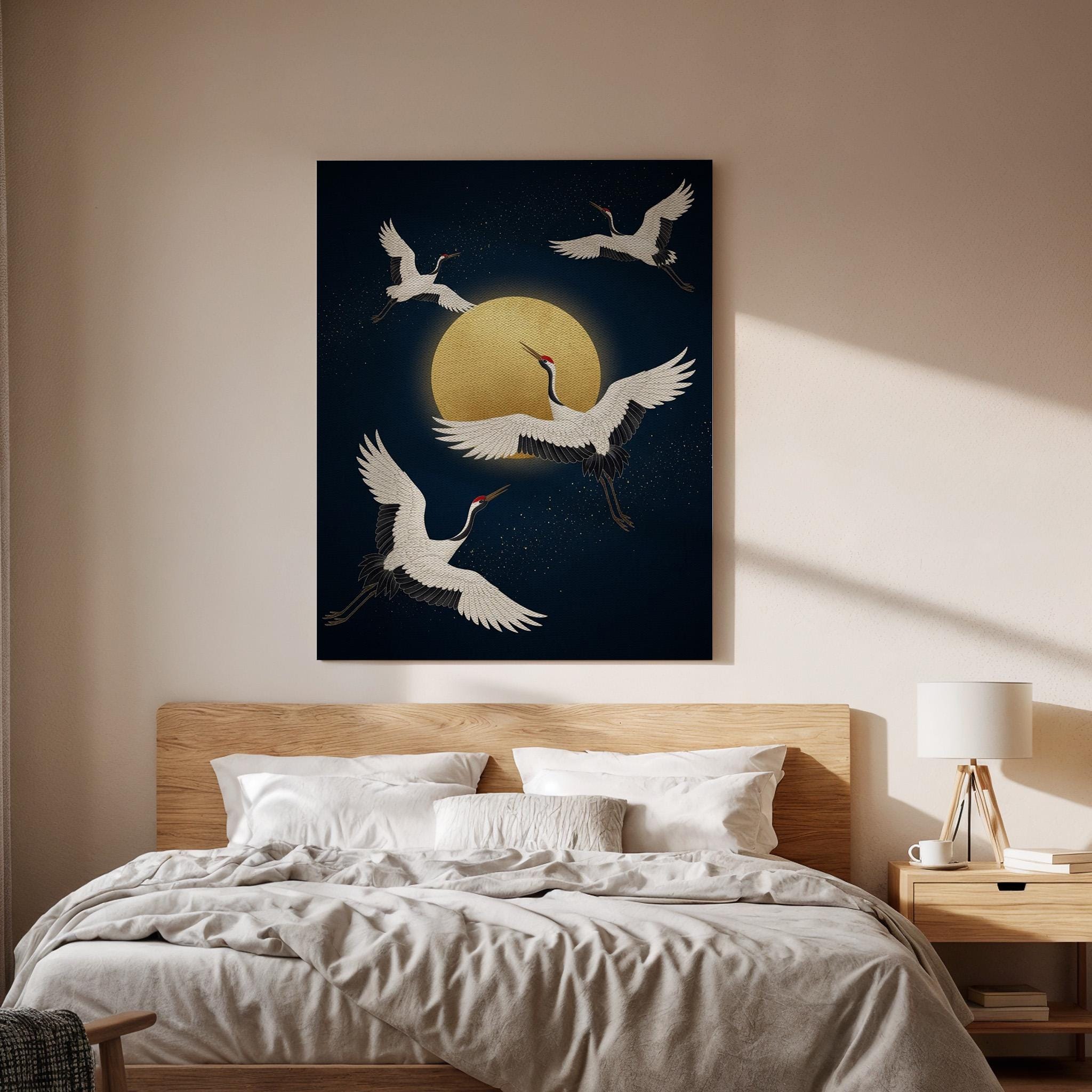 Flying Cranes Under Golden Moon Canvas Art, Framed Wall Decor, Japanese Inspired Night Scene, Elegant Canvas Artwork For Home Decor
