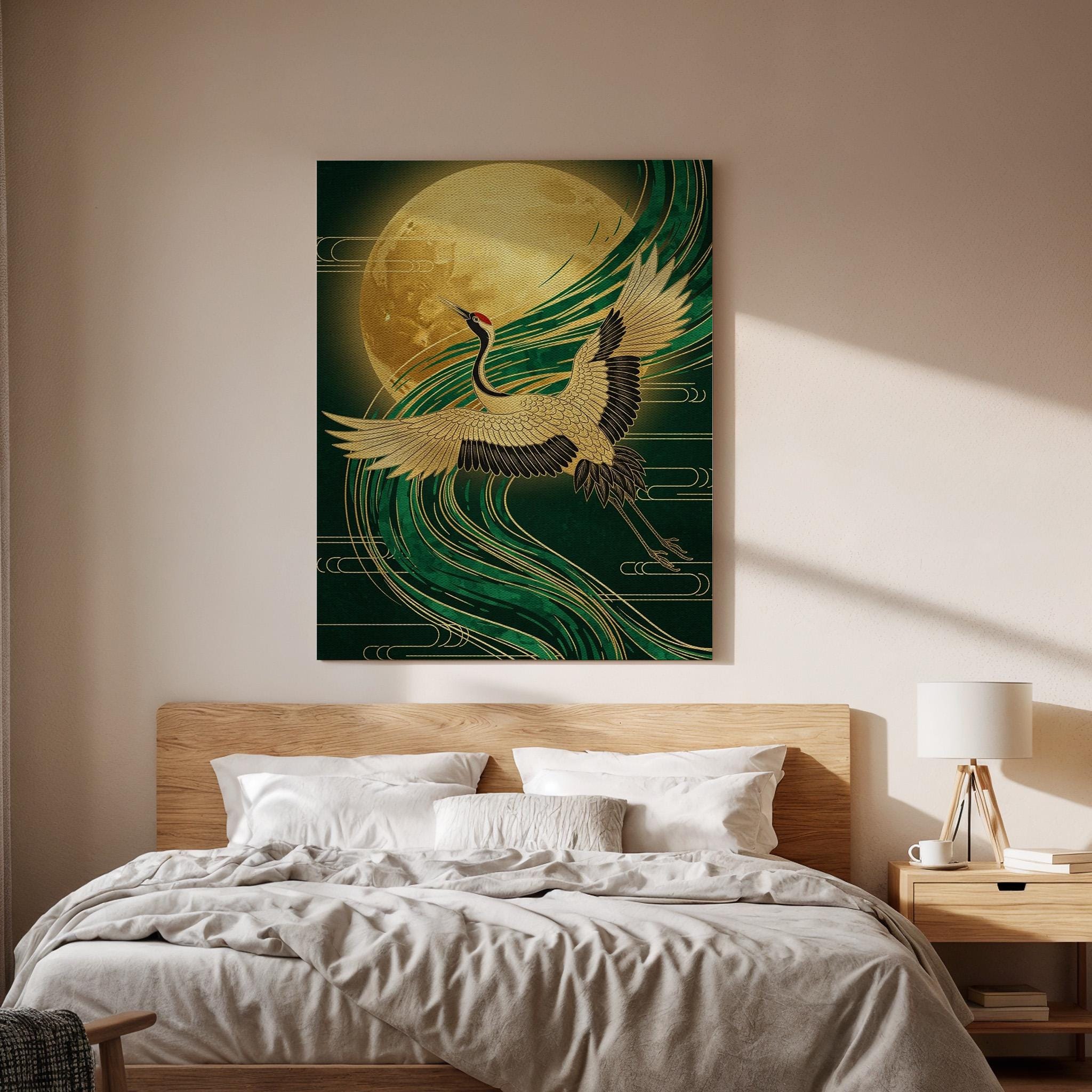 Golden Moon Crane Canvas Art, Elegant Framed Wall Decor, Japanese Inspired Illustration, Serene Oriental Canvas Artwork, Tranquil Wall Art
