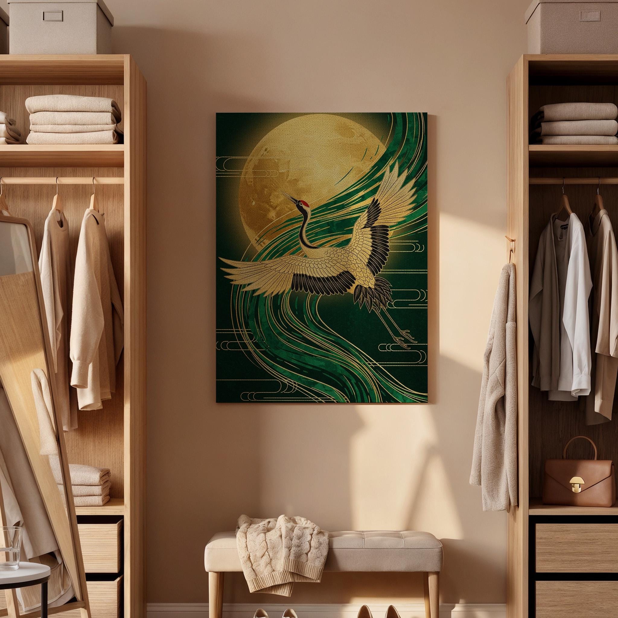 Golden Moon Crane Canvas Art, Elegant Framed Wall Decor, Japanese Inspired Illustration, Serene Oriental Canvas Artwork, Tranquil Wall Art