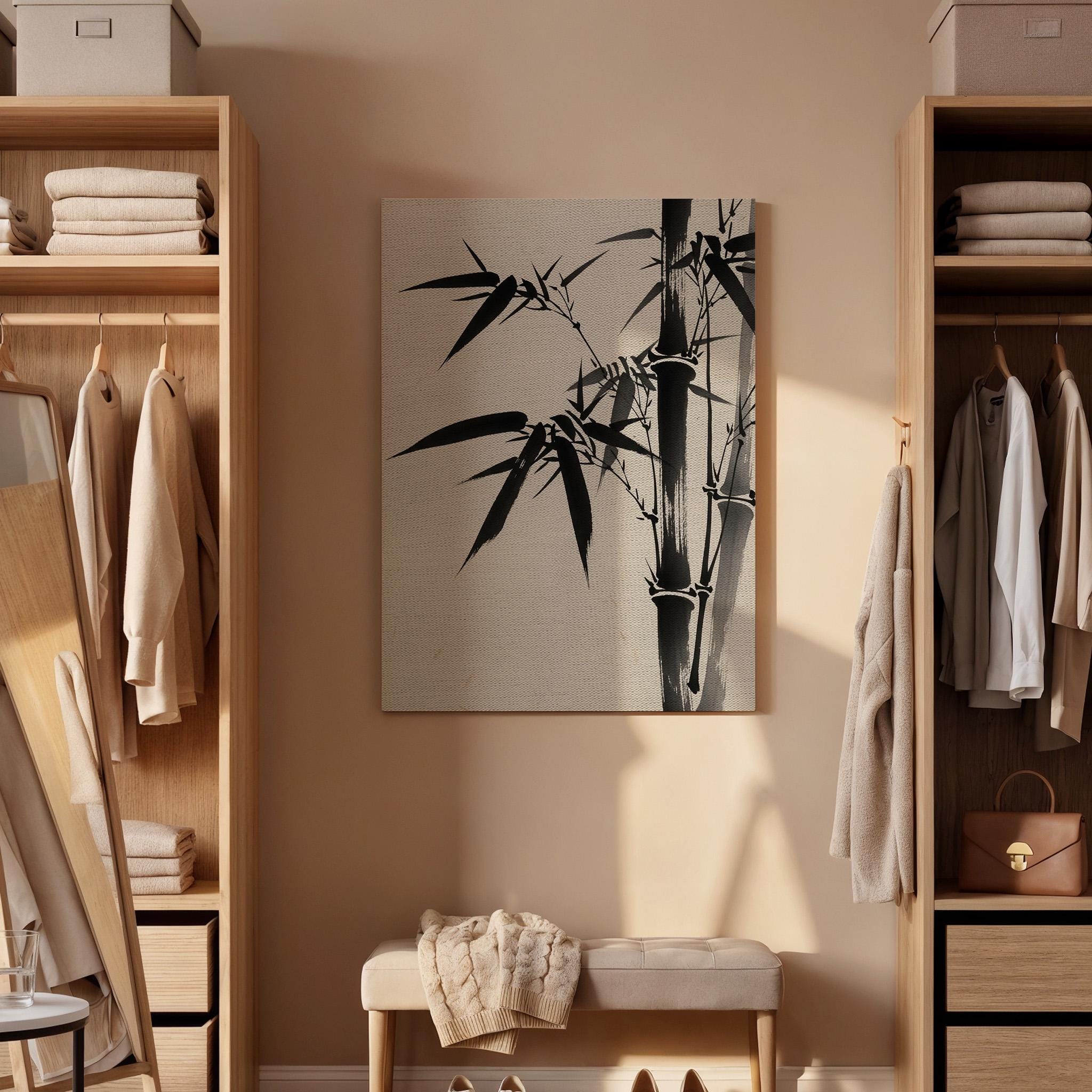 Minimal Bamboo Ink Canvas Art, Framed Wall Decor, Japanese Zen Illustration, Black And White Bamboo Canvas Artwork, Serene Home Wall Art
