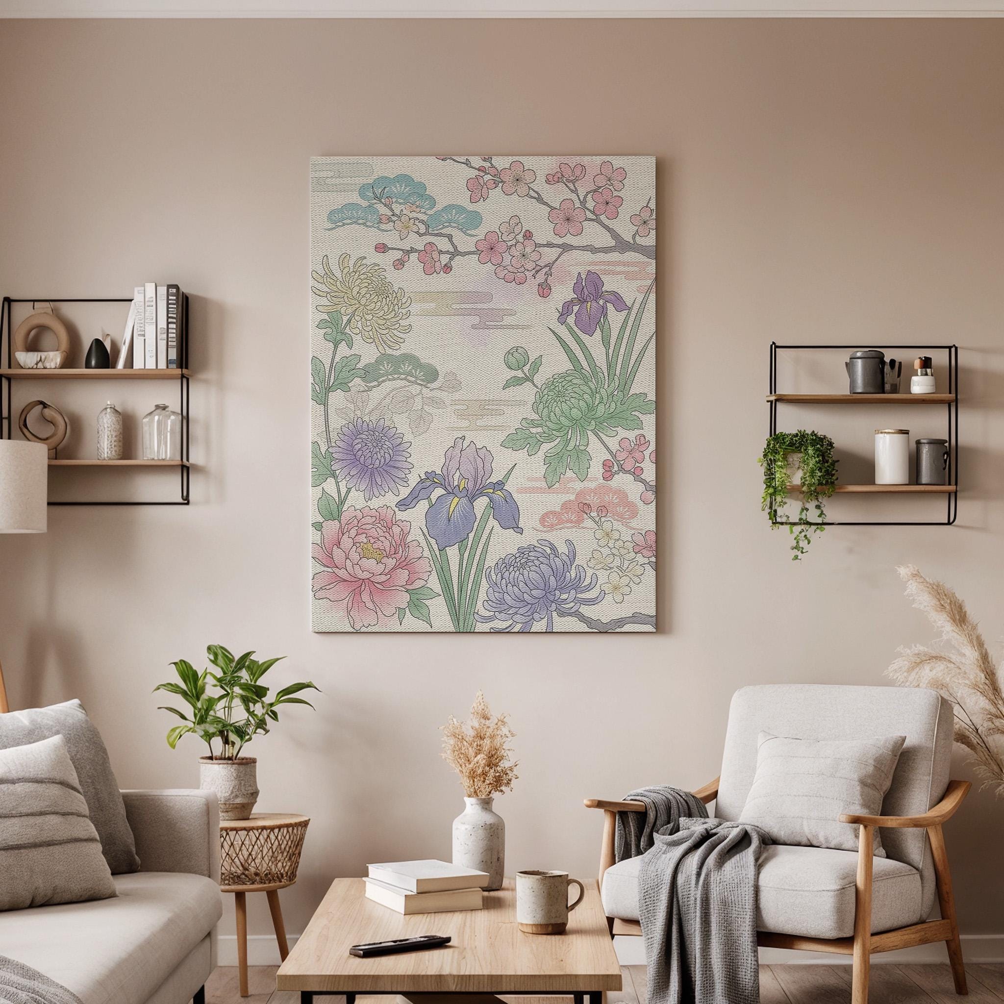 Japanese Floral Garden Canvas Art, Framed Wall Decor, Traditional Botanical Illustration, Elegant Nature Inspired Canvas Artwork, Home Gift