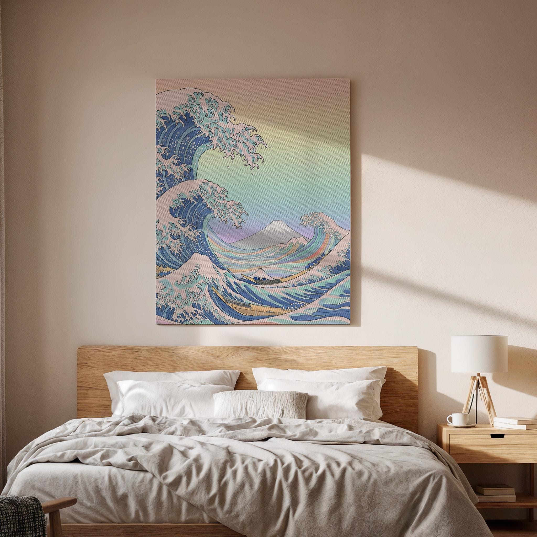 Japanese Wave And Mountain Canvas Art, Framed Wall Decor, Ukiyo-E Inspired Ocean Illustration, Serene Japanese Style Canvas Artwork