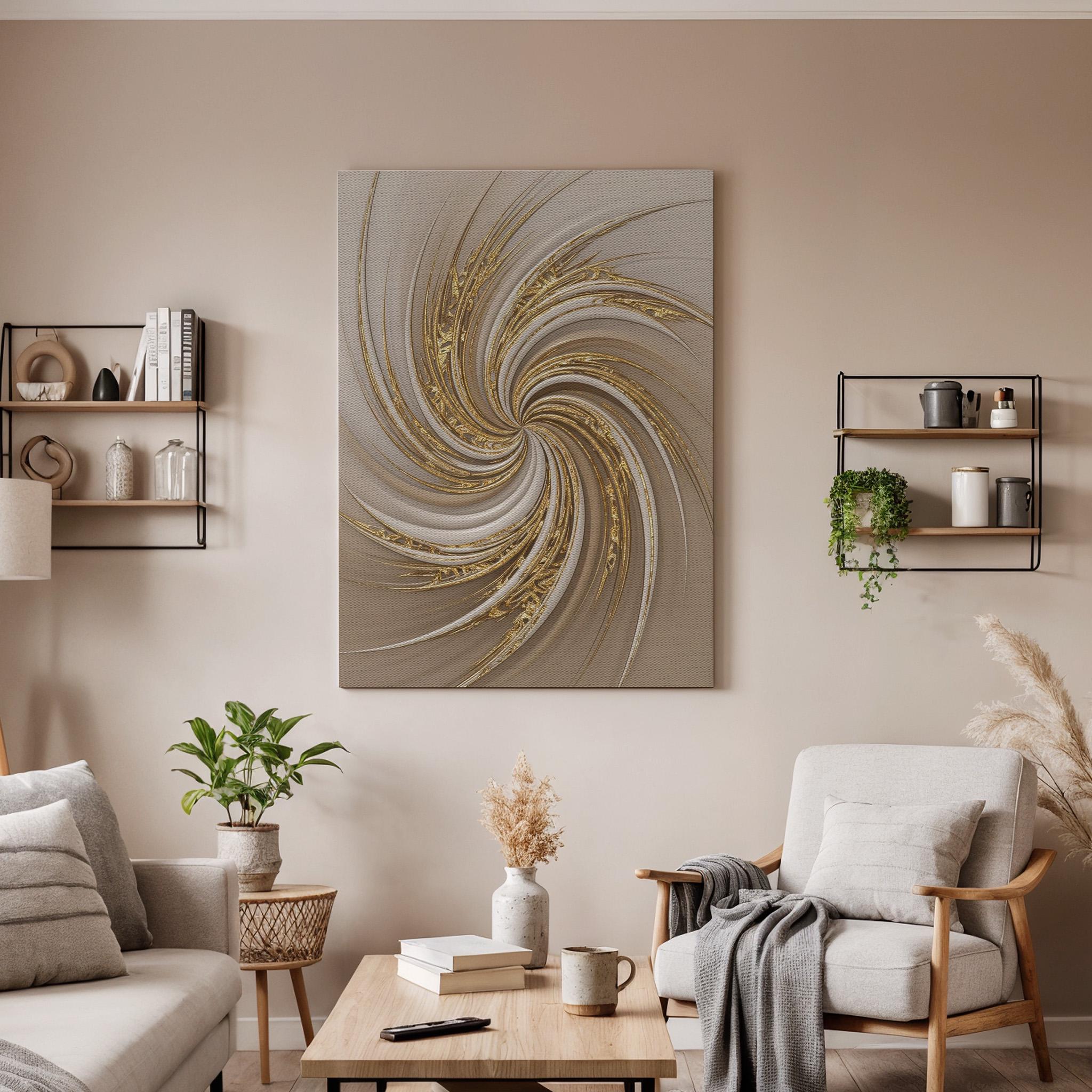 Golden Spiral Canvas Art, Elegant Swirl Wall Decor, Modern Interior Design, Soft Neutral Styling, Refined Contemporary Mood, Framed Canvas